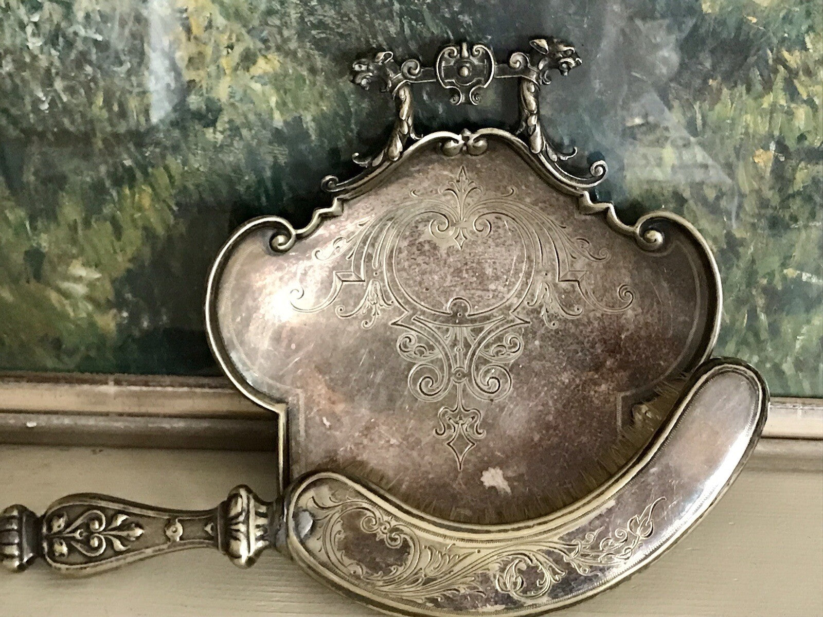 Antik versilbert Jugendstil Tischkehrset Tischkehrer Tisch Krümmelkehrer