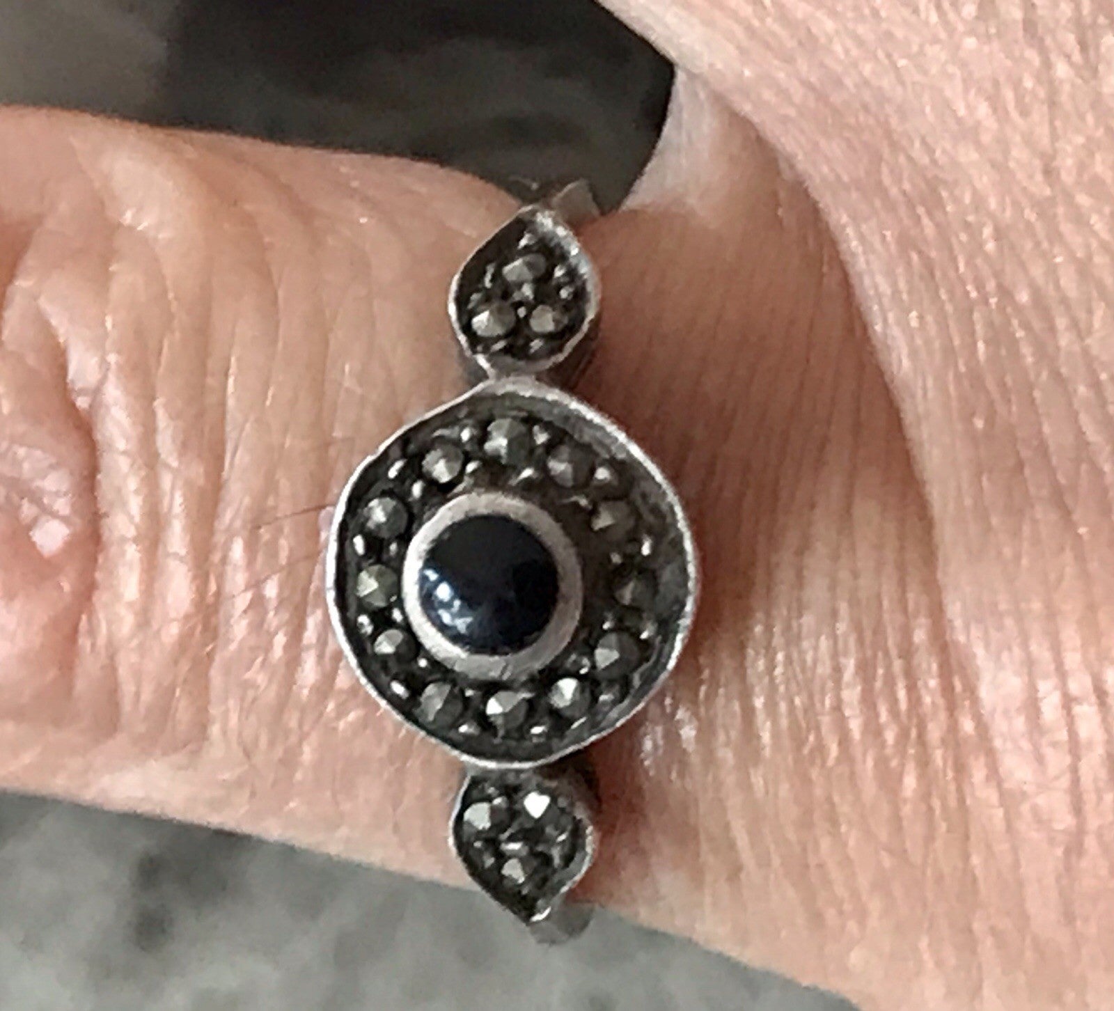 Antik Art Déco Edel Onyx Markasite DAMEN RING Silber 925 Gr.51 16,2