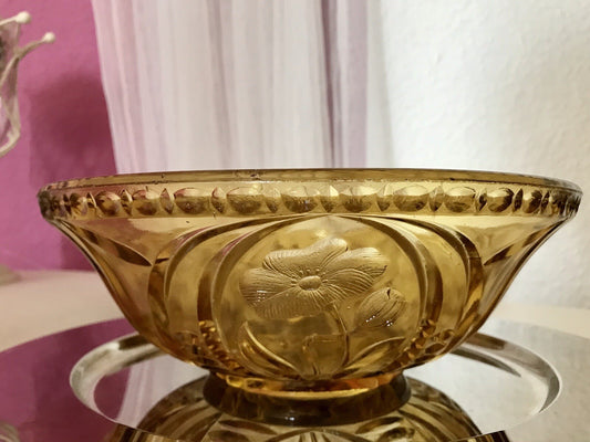 Antik Art Déco Vintage Pressglas Schale gelb Klatschmohn
