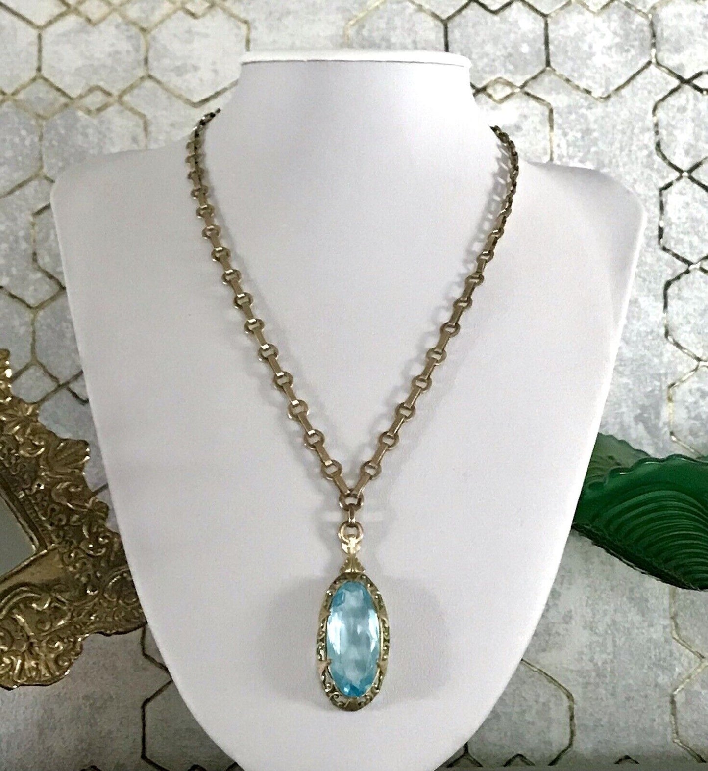 Antik Jugendstil Collier Halskette blauer Stein Anhänger Amerik. Doublè  A. Daub