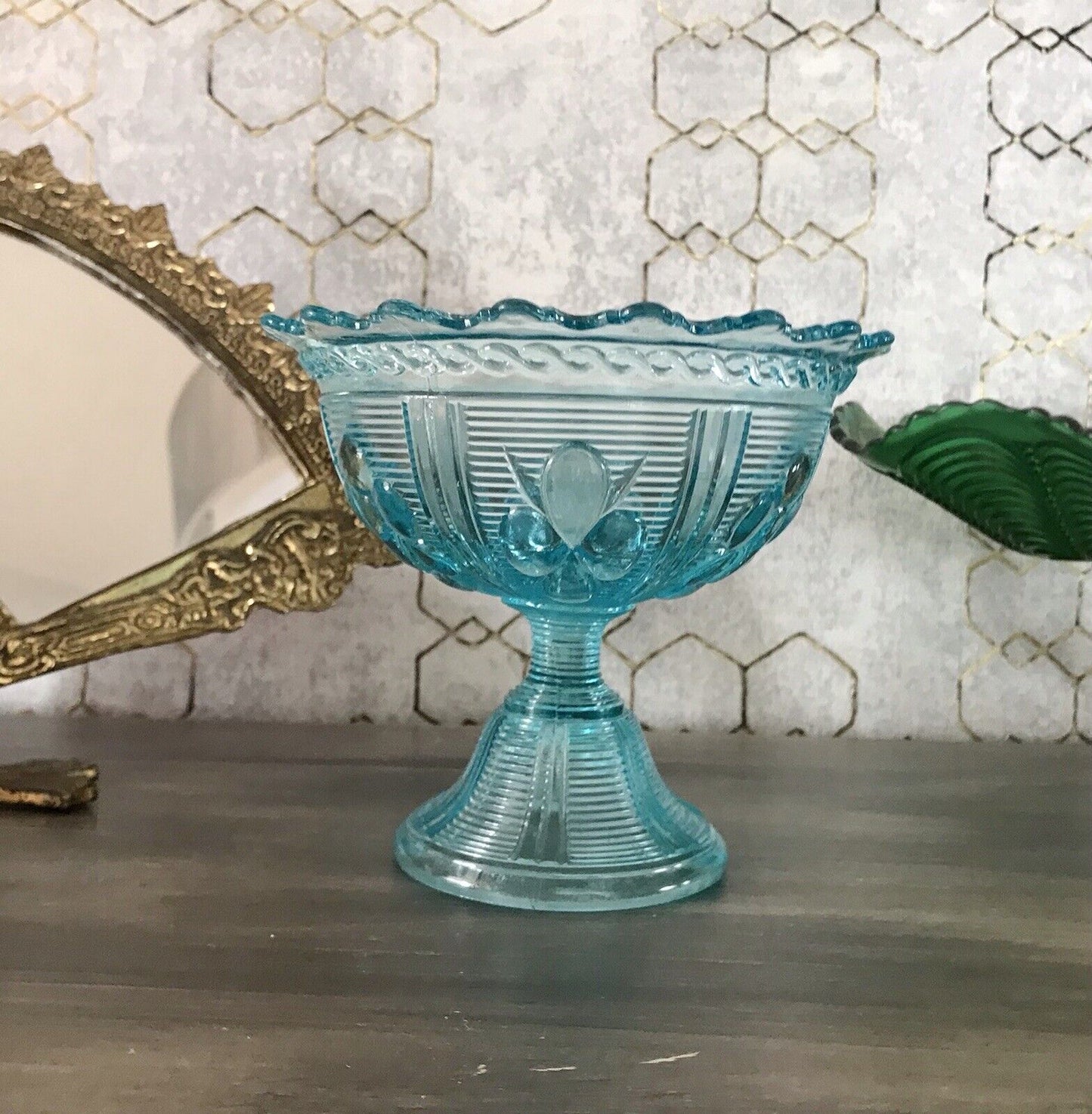 Antik Jugendstil Art Déco Pressglas Schale Fußschale Zuckerschale blau türkis
