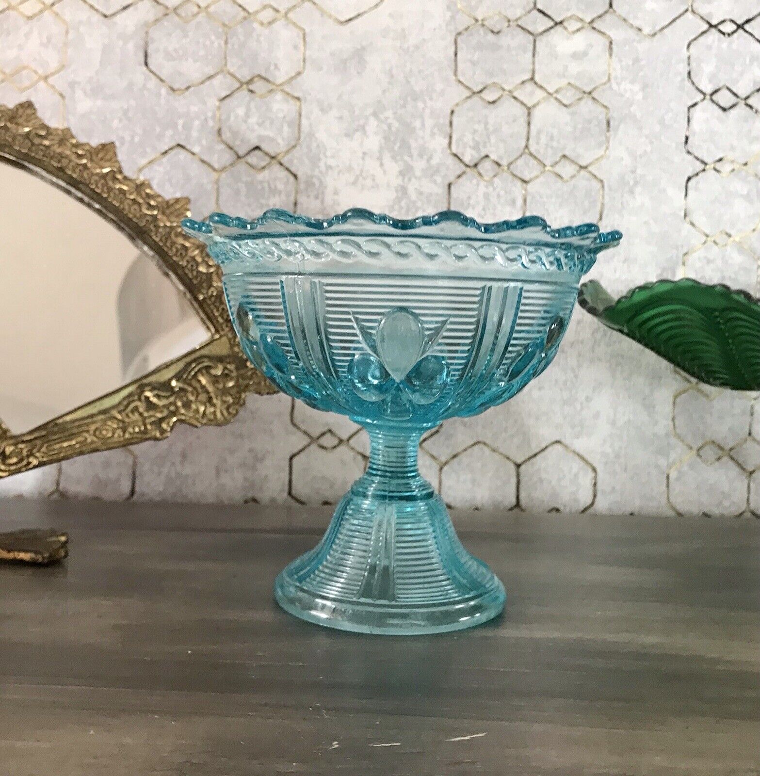 Antik Jugendstil Art Déco Pressglas Schale Fußschale Zuckerschale blau türkis