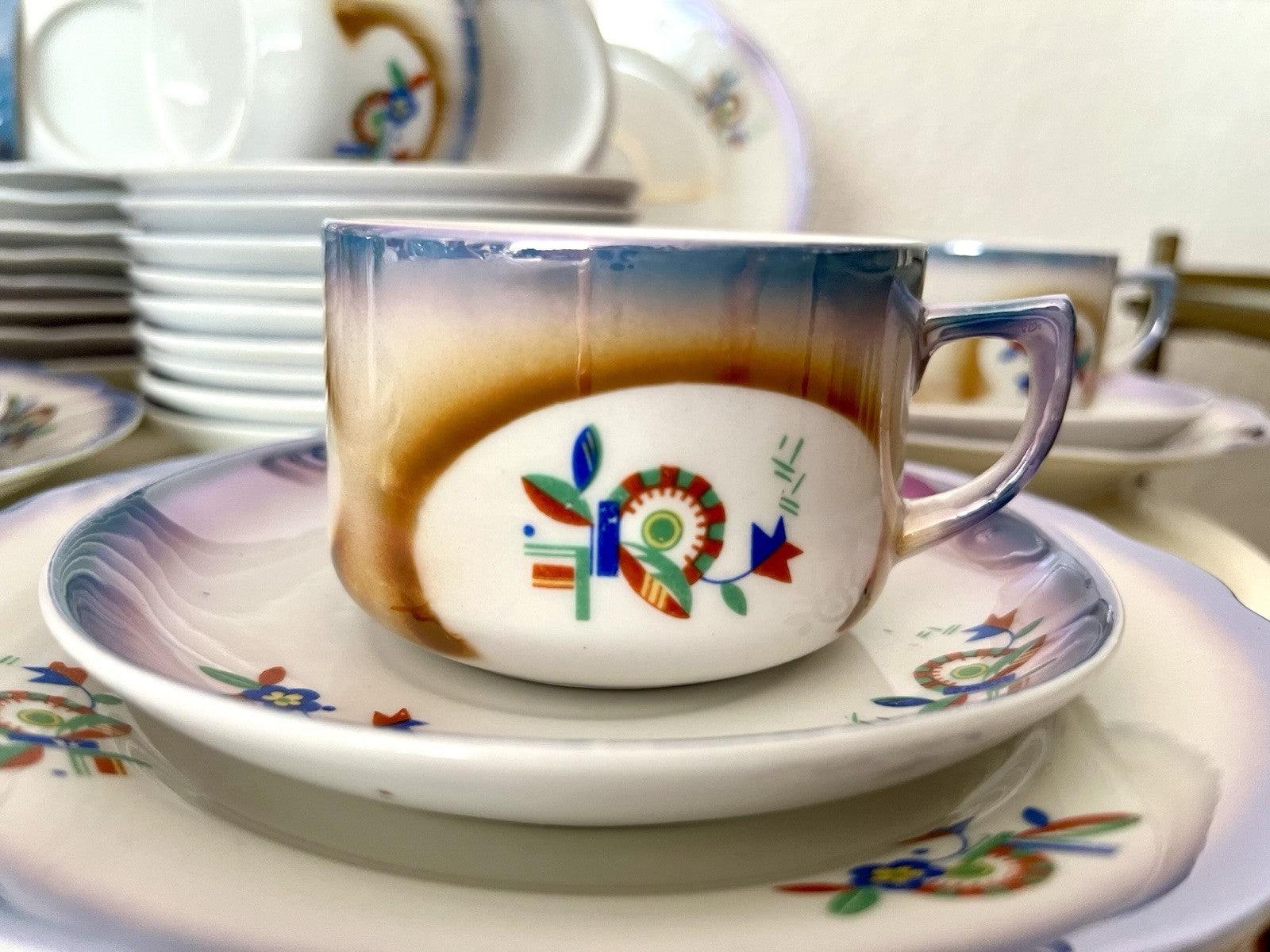 Antik Art Déco Porzellan Kaffeeservice Spritzdekor Teeservice 9 Pers. plus