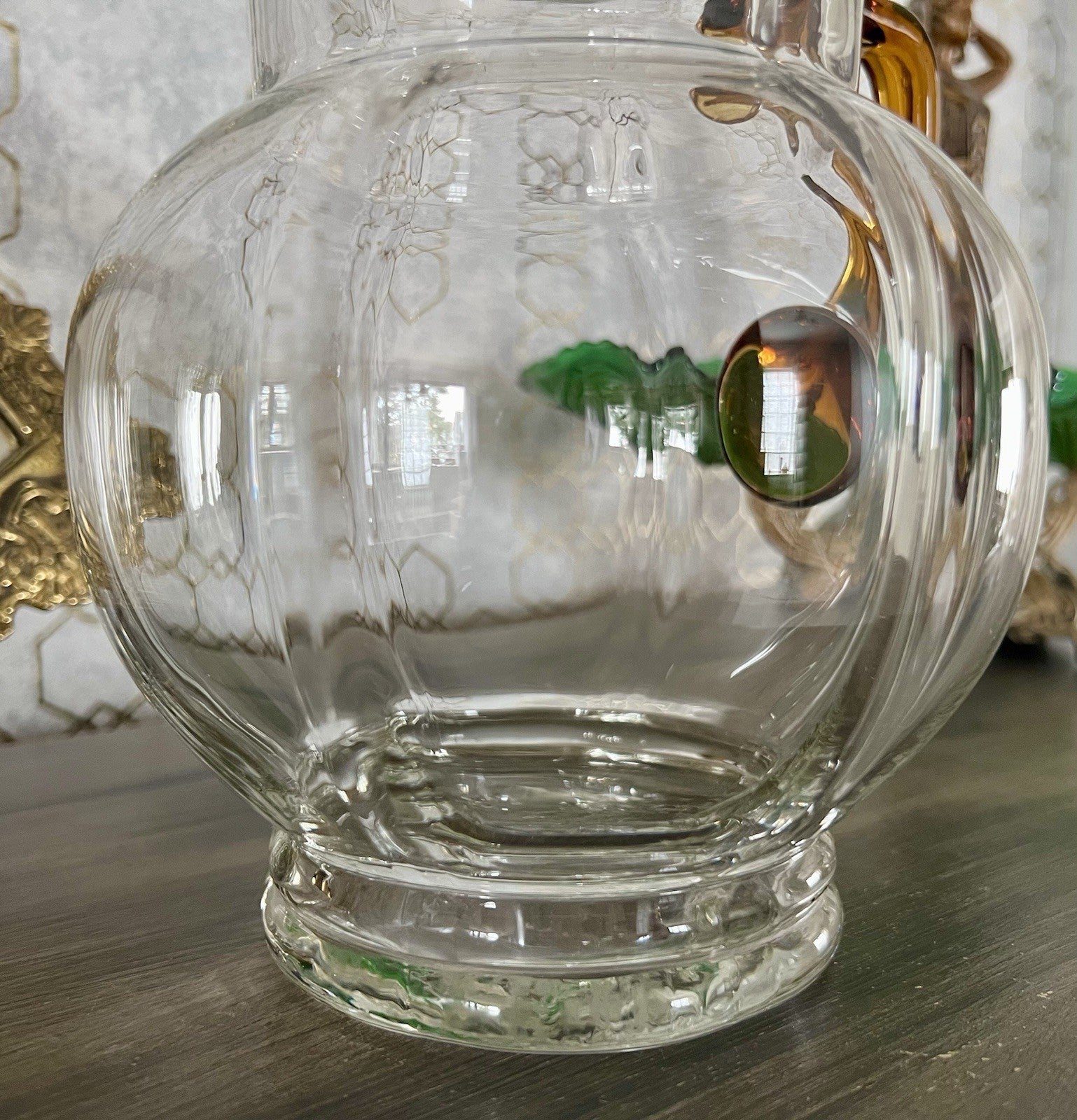 Antik Art Déco Kanne Krug Glaskrug Karaffe Glas mundgeblasen Farblos & gelb