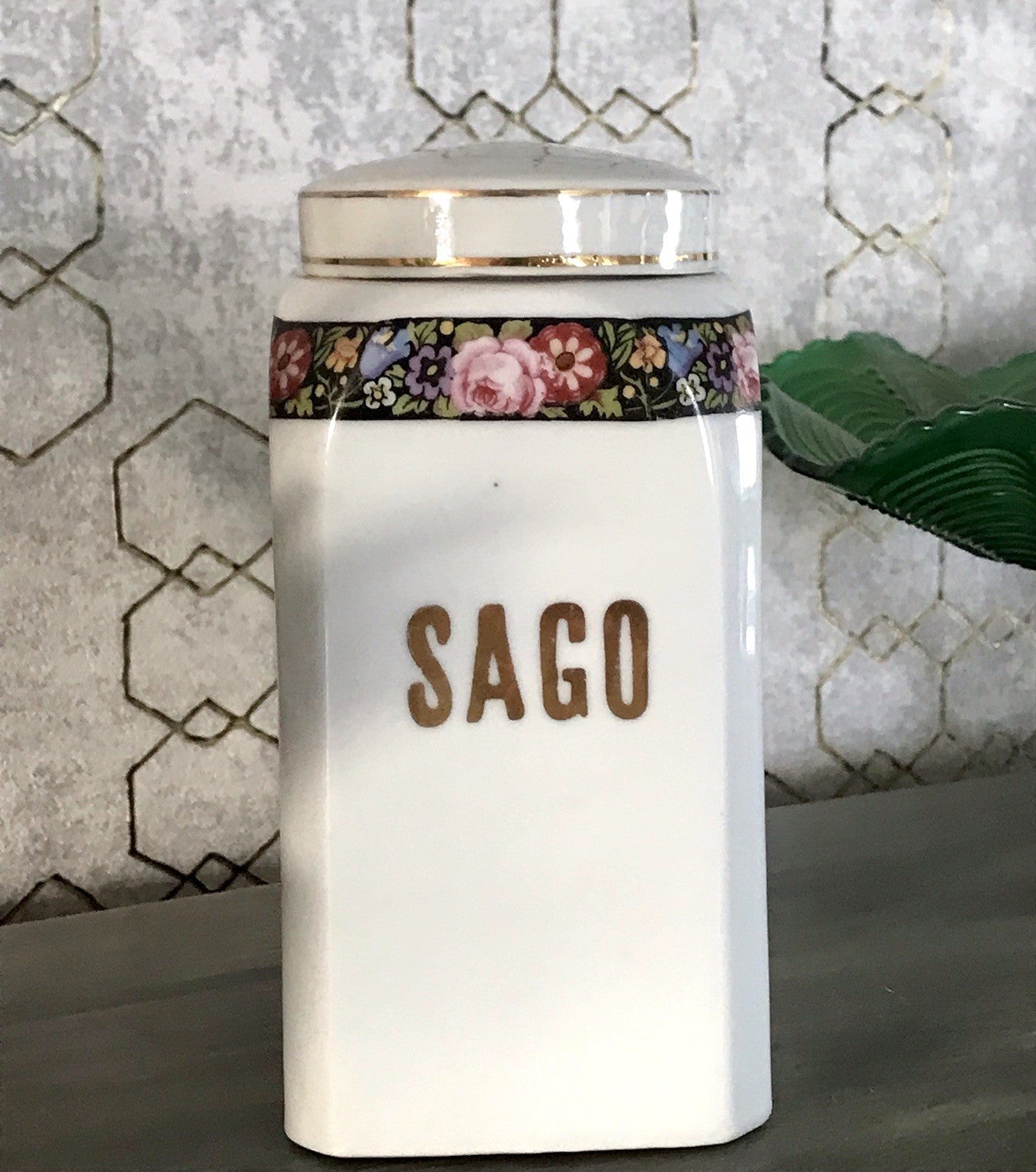 Antik Porzellan Dose Vorratsgefäß Vorratsdose Sago Blumenborte Art Déco