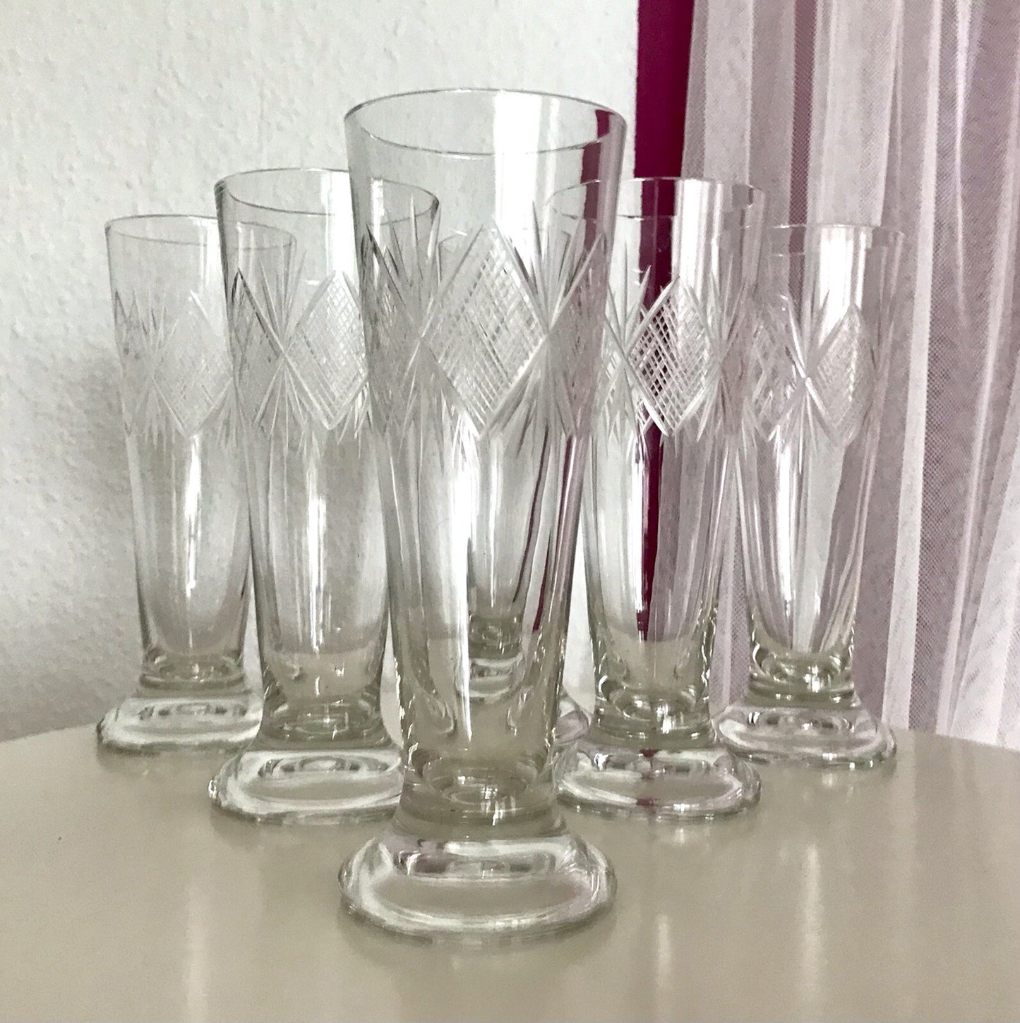 Antik 6x Fußbecher Fußrand-Becher mundgebl. Pokalgläser Kristallglas? Schliff