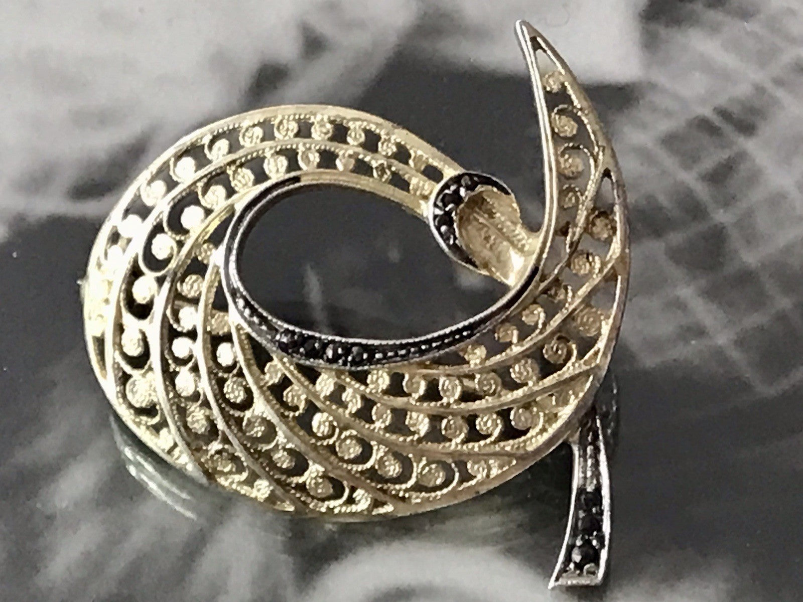 Vintage prachtvoll filigran Brosche Silber 835 Markasite vergoldet Art Déco Stil