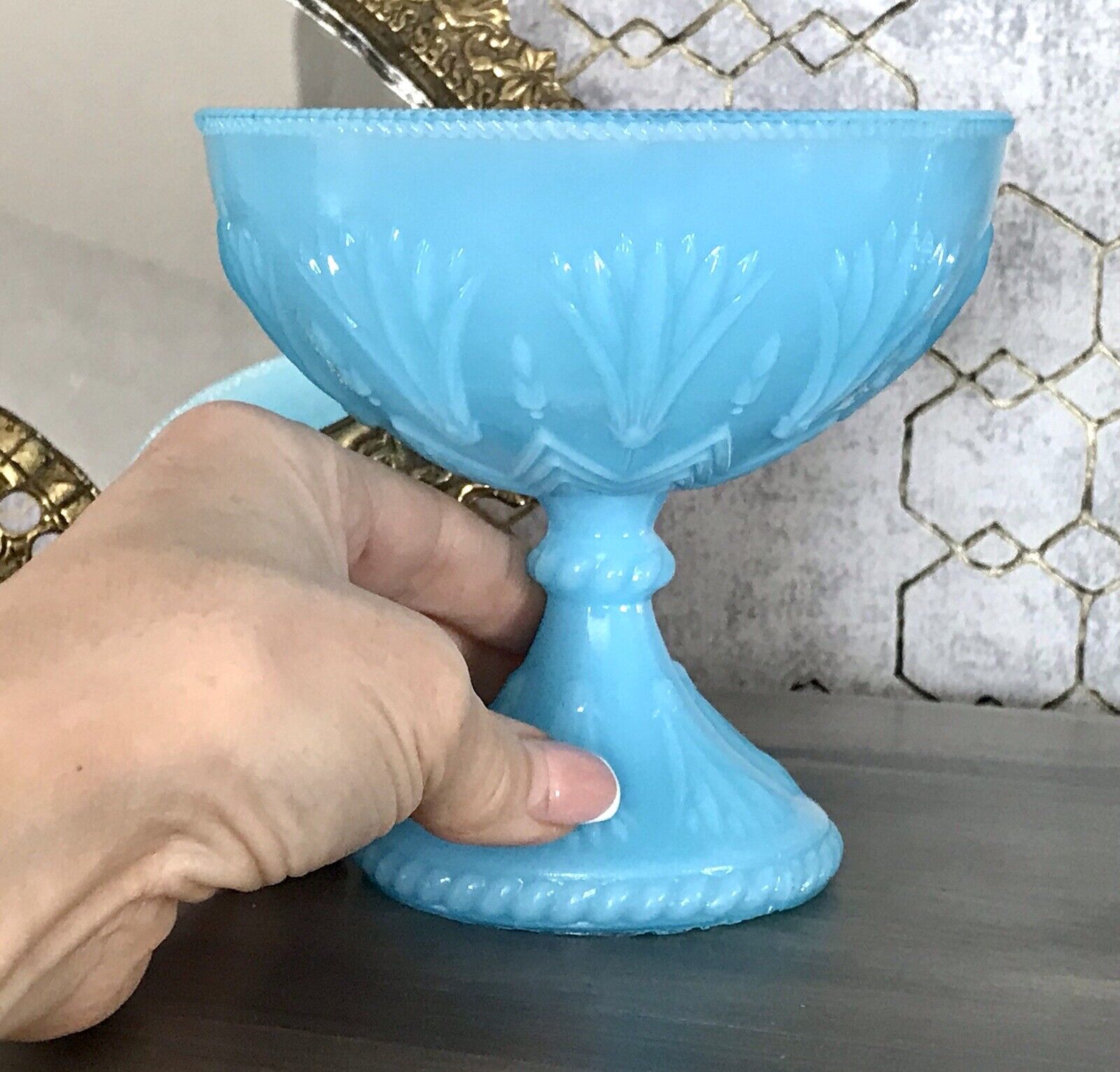 Antik Jugendstil Art Déco Pressglas Schale Fußschale Zuckerschale blau türkis