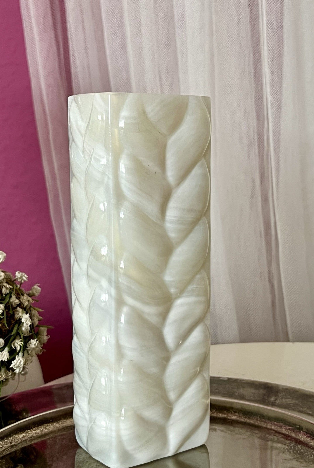 Vintage 60er Jahre MCM Glasvase Vase Glas Design Zopfmuster Blockvase weiß