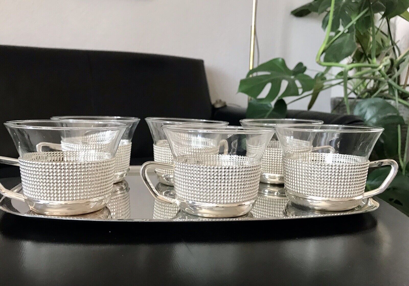 Vintage 60er 6x Teeglashalter Teeservice Glaseinsätzen & Tablett versilbert 60er