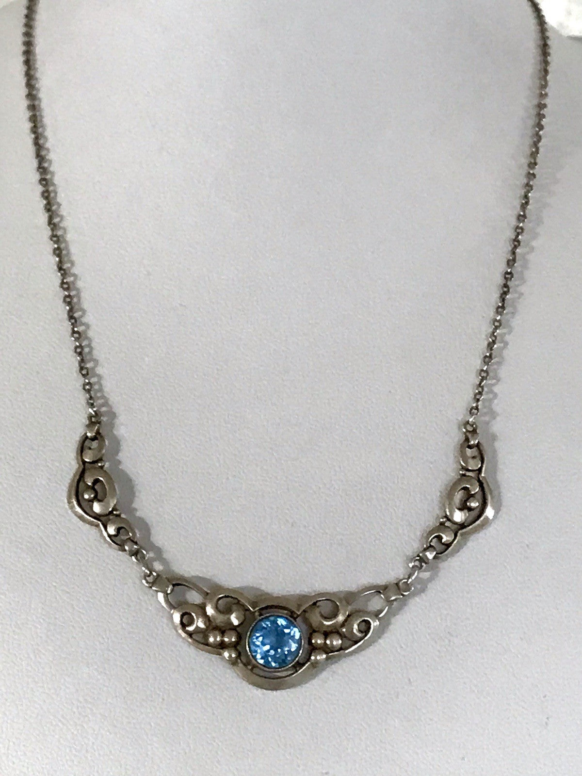 Antik 835 Sterling Silber Collier Halskette Kette Blauer Stein FBM