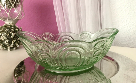 Antik Art Déco Jardiniere Schale Pressglas Glasschale grün Obstschale