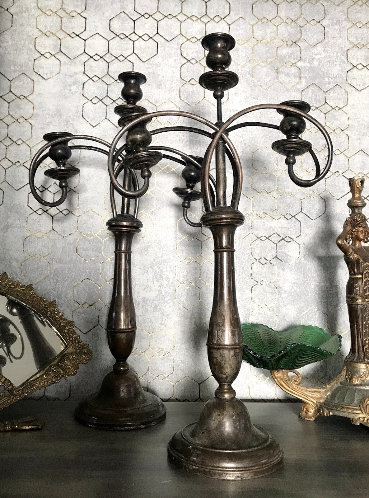 Antik 2 Jugendstil ehemals versilbert Kandelaber Kerzenständer Leuchter ~1890
