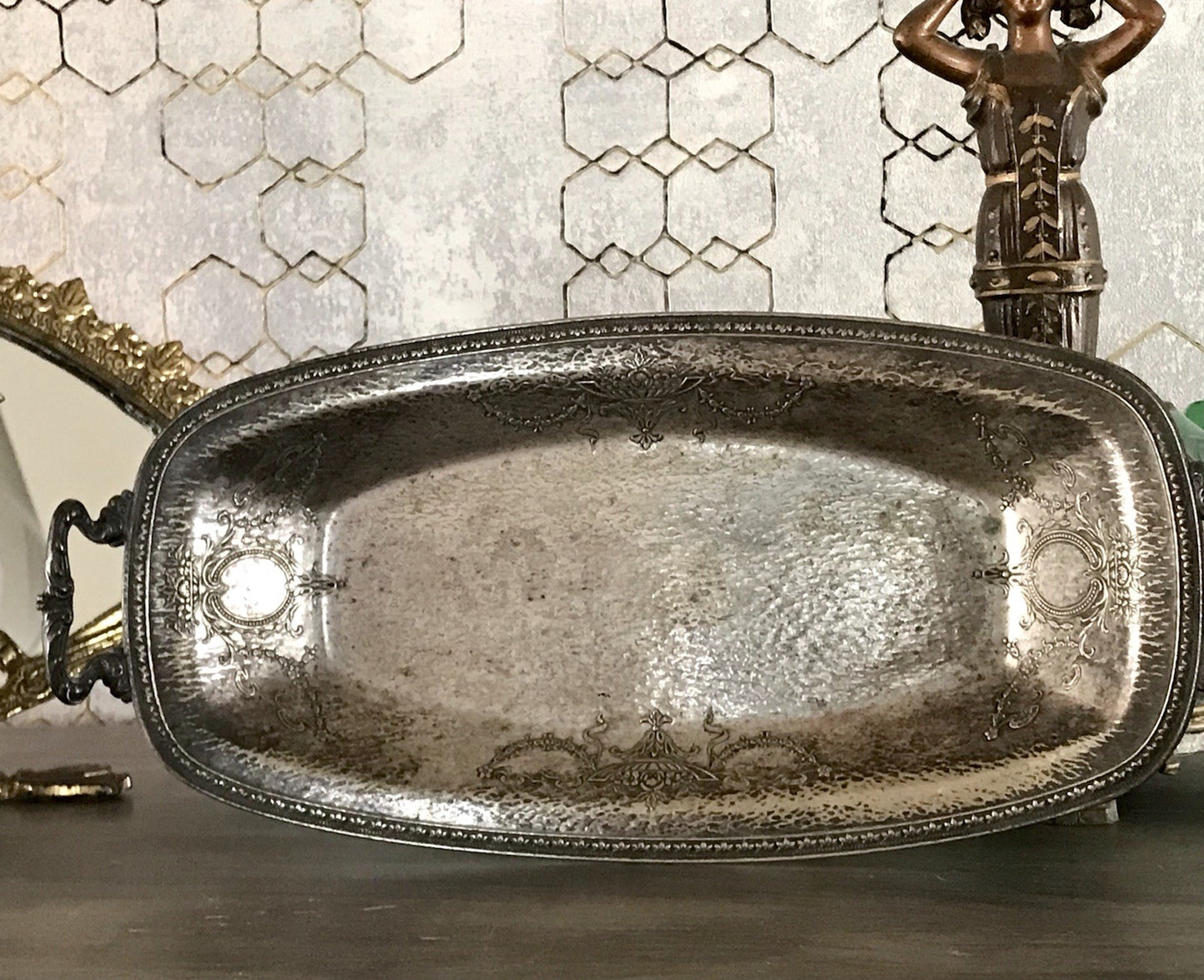 Antik Schale versilbert Art Nouveau Jugendstil  um 1900 oval Handhaben Relief