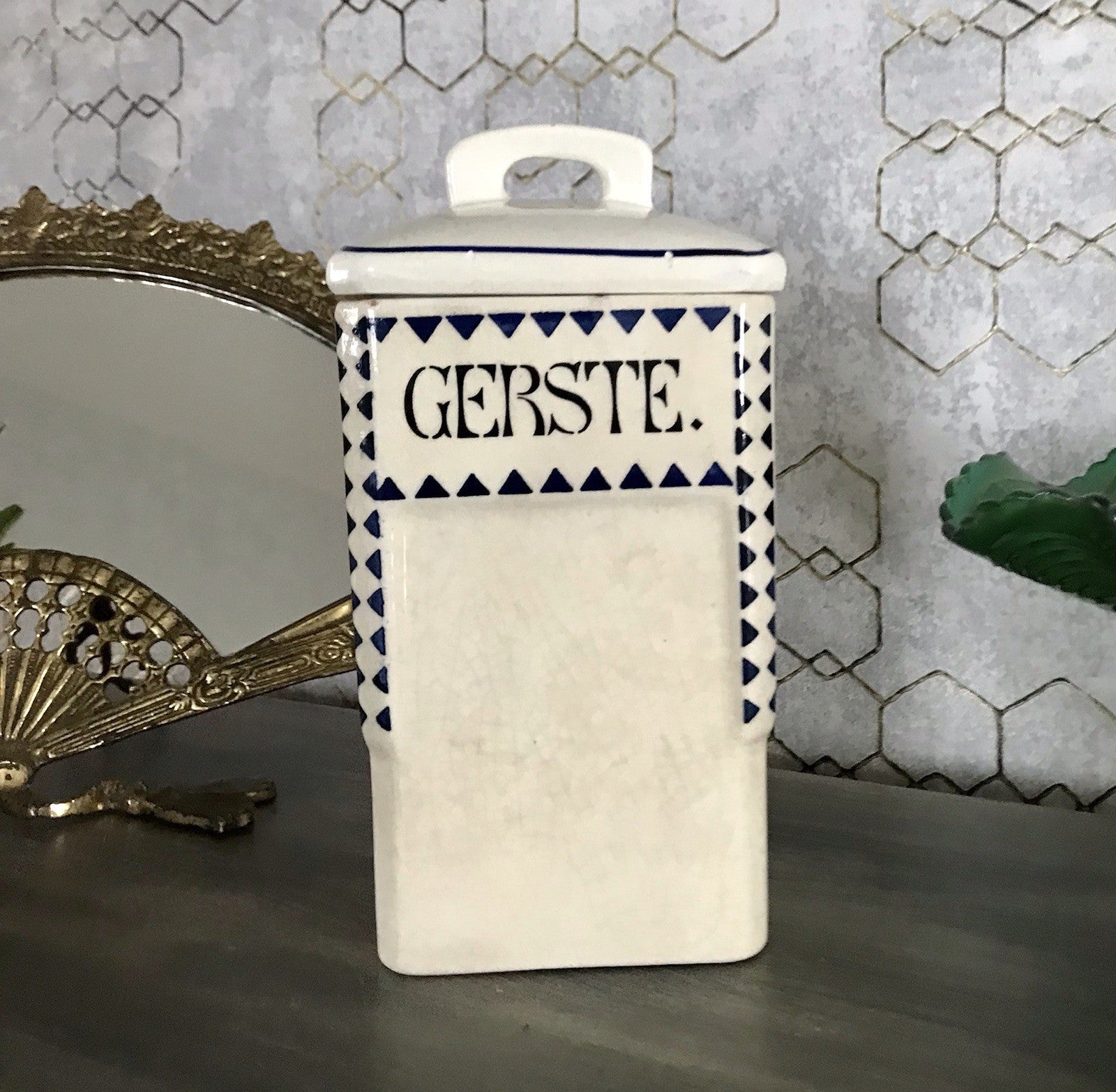 Antik Jugendstil Vorratsgefäß Gerste Gefäß Vorratsdose Porzellan creme blau
