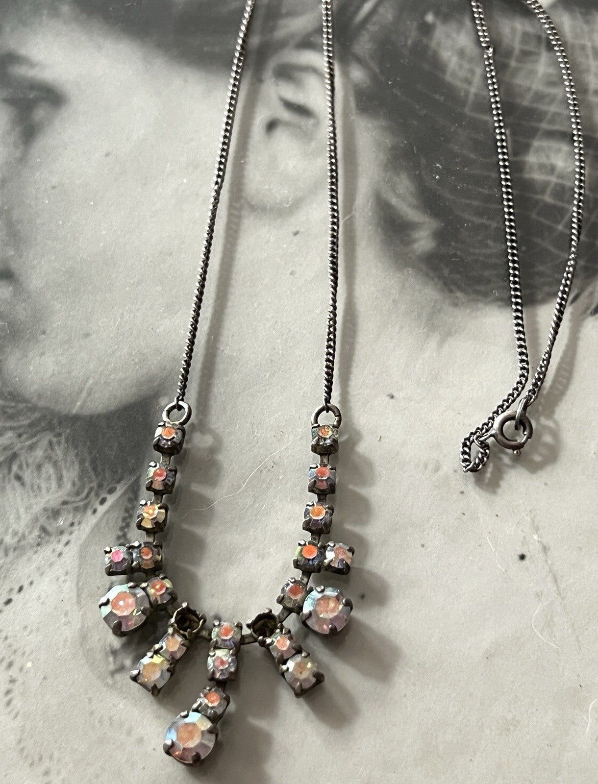 Vintage Antik? 835 Silber Collier Halskette Aurora Borealis? Steine