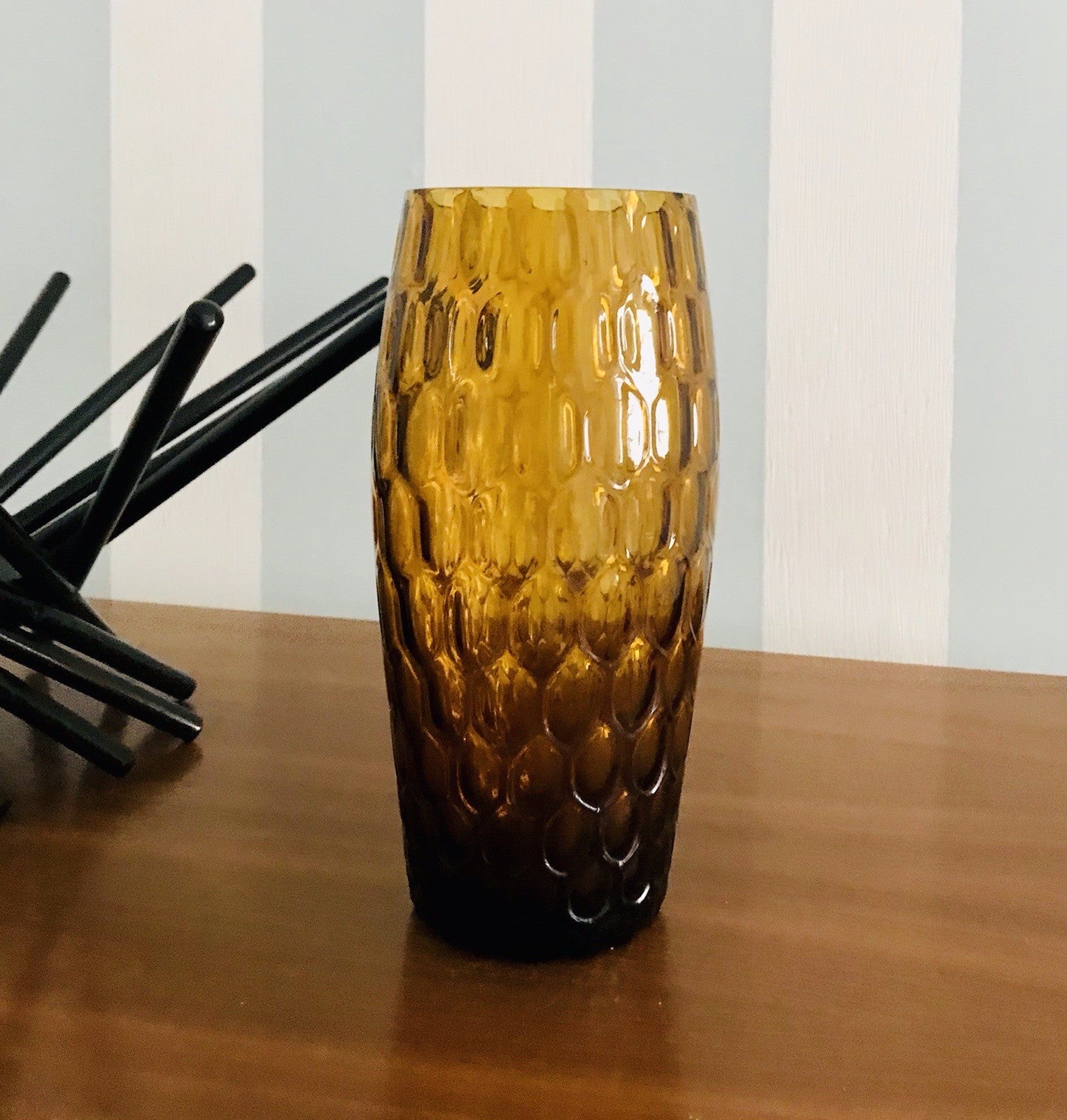 Vintage 60er Jahre MCM Glasvase Vase Glas Design Bernstein gelb Wabenmuster