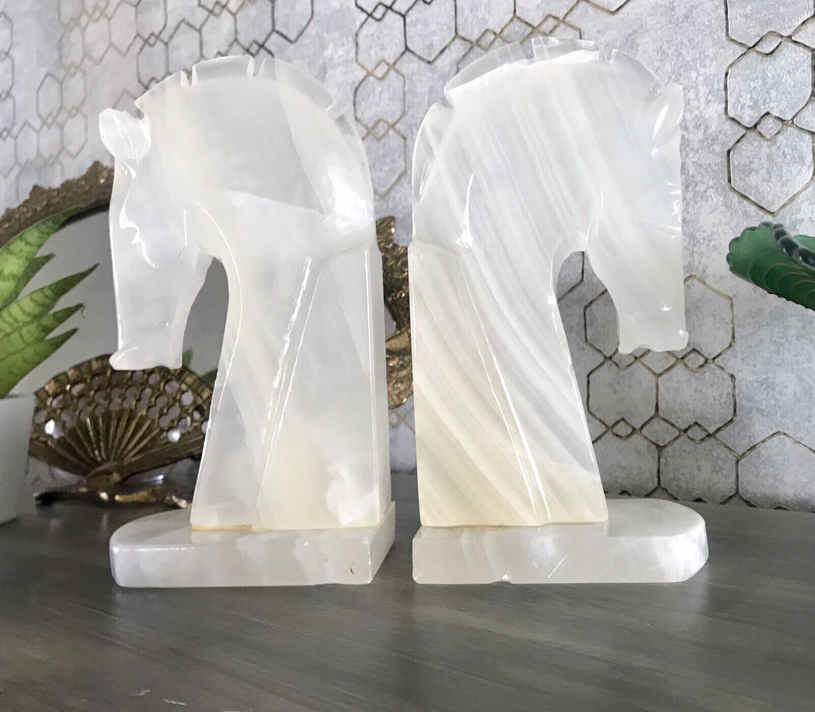 Vintage Alabaster 2 Buchstützen  weißer Onyx wundervoll! 60er 70er