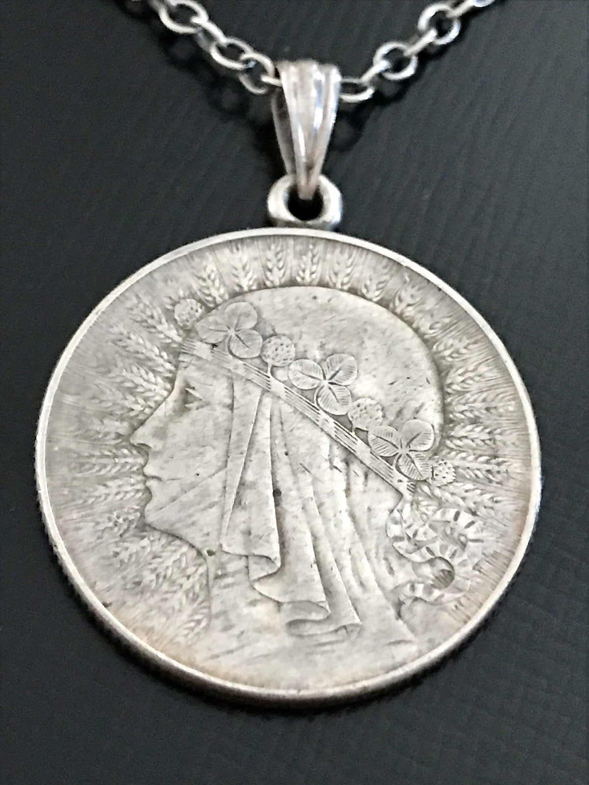 Antik Halskette Münze Jadwiga Polen 1933 Anhänger Kettenanhänger Silber 835