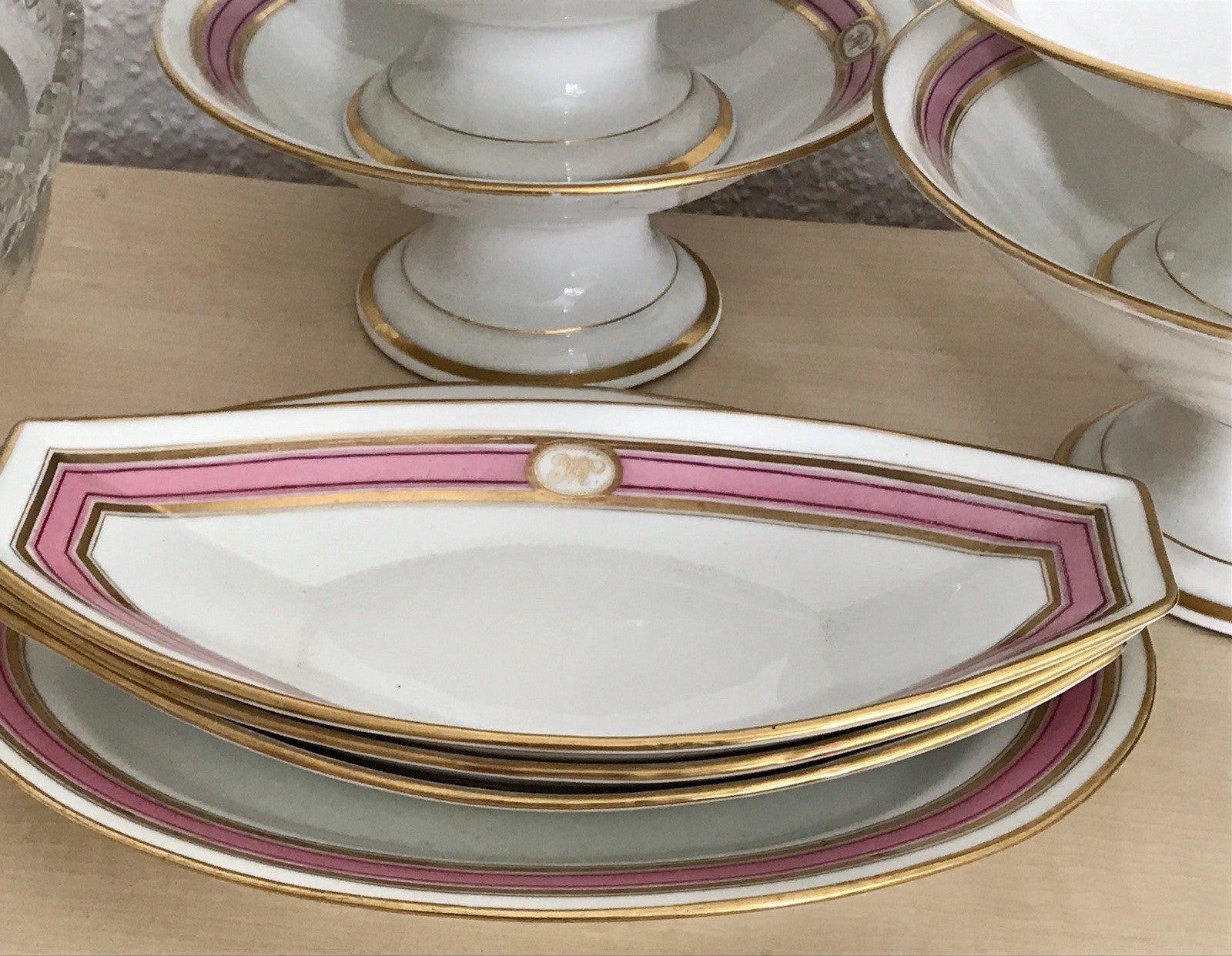 Antik Biedermeier Porzellan 1 Schiffchen Schale  ~1845 Ligatur Monogramm JR