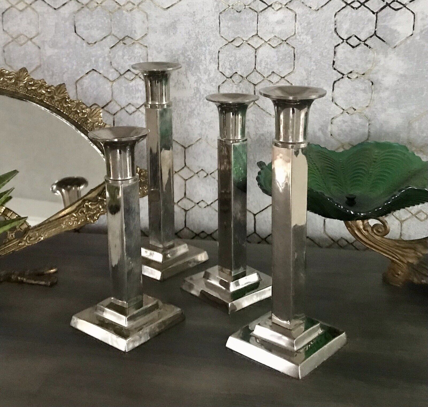 4 Kerzenleuchter Kerzenständer Leuchter Art Déco Stil versilbert? kantig