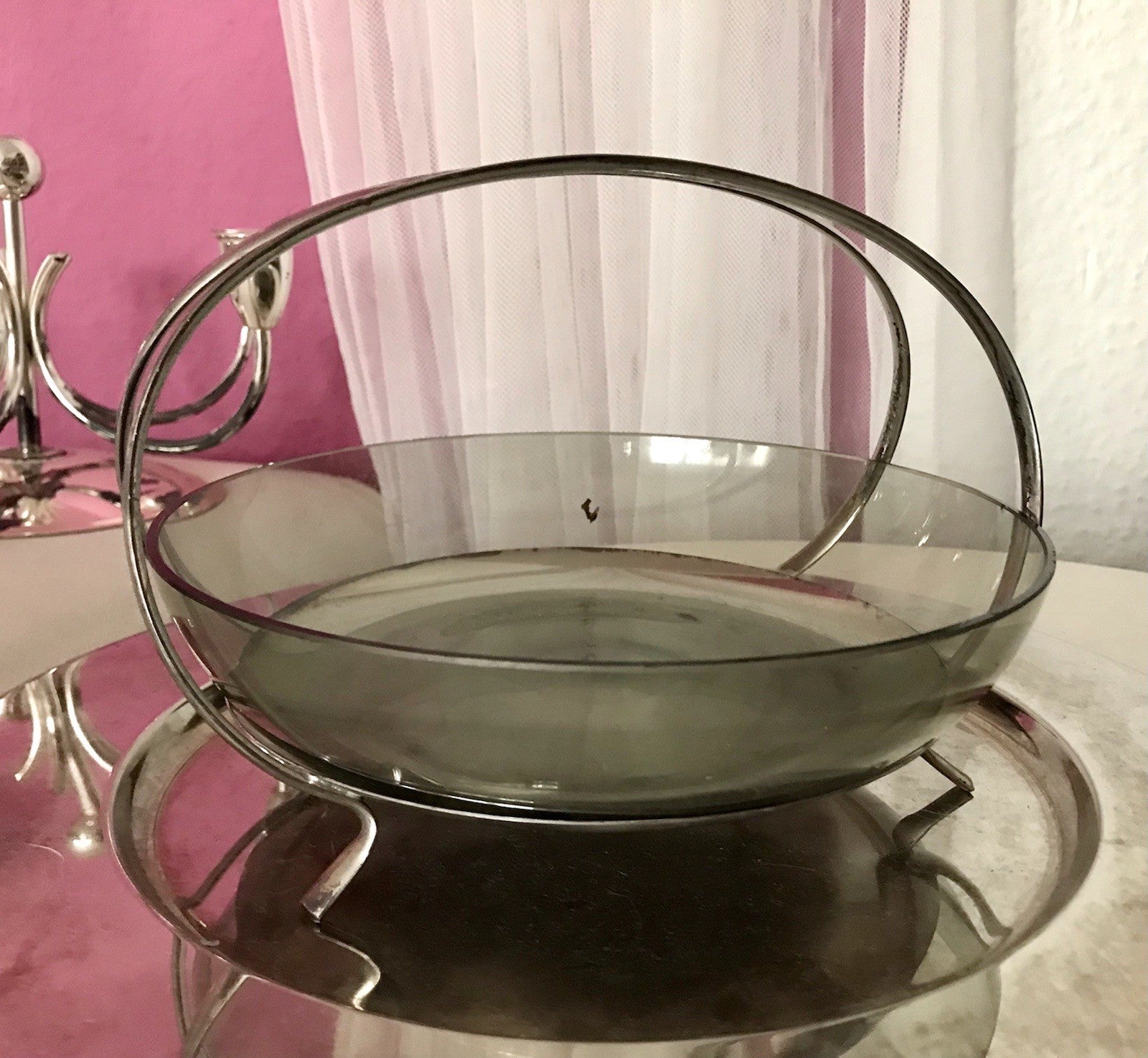 WMF ? Vintage Schale versilbert 50er 60er Mid Century Rauchglas Einsatz MCM