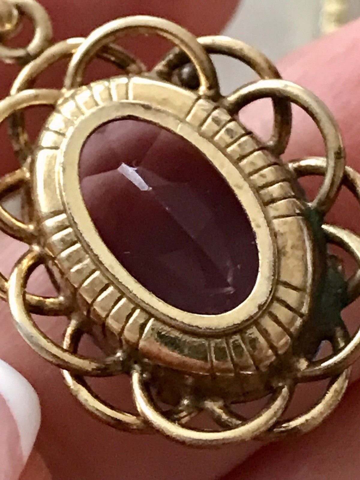 Alt Vintage Edel Kette & Anhänger lila Stein Amethyst? vergoldet Amerik. Doublè