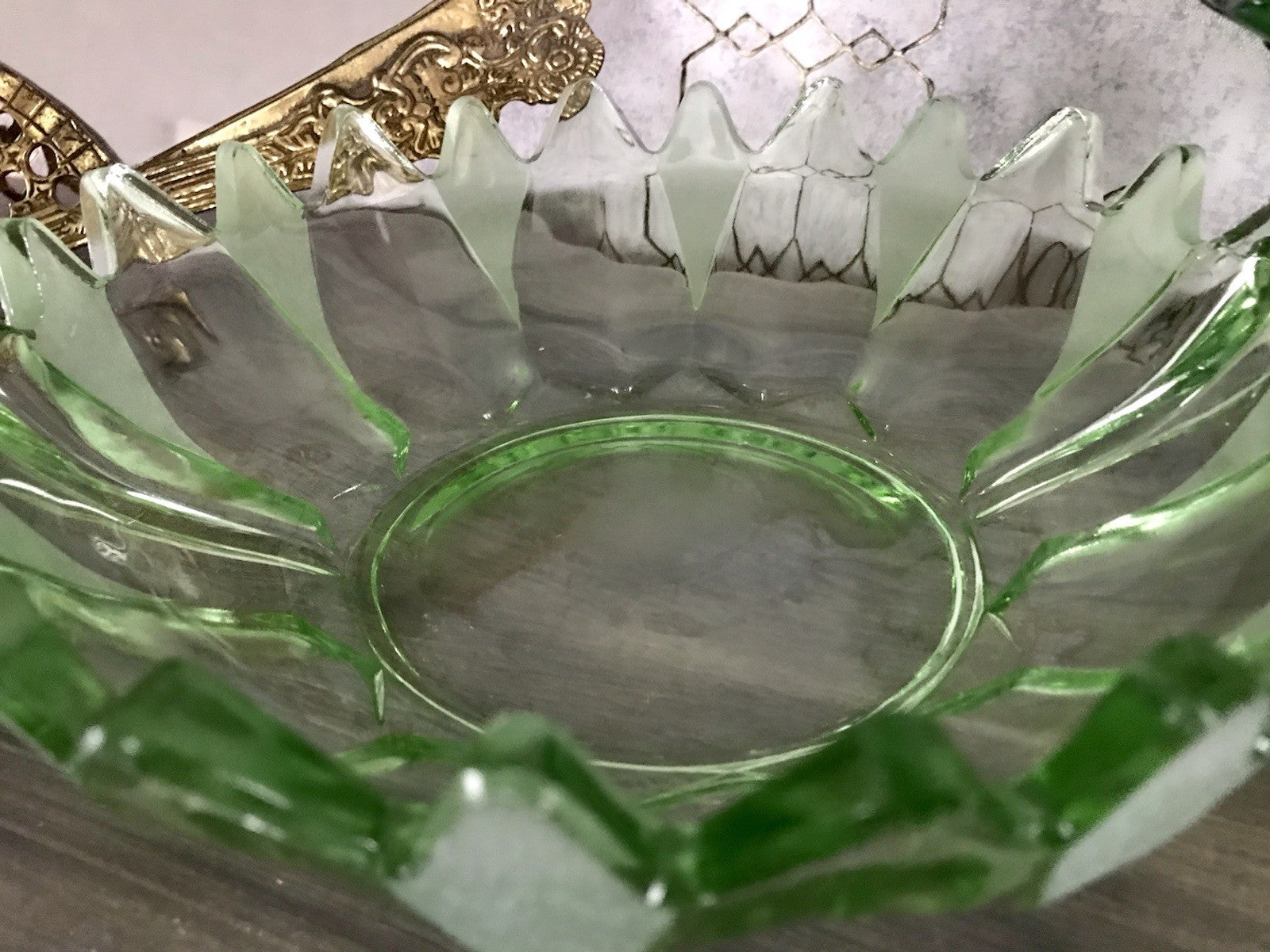 Antik Set grün Dessert Kompott Eis Schale 5x Schälchen Pressglas Art Déco Griffe