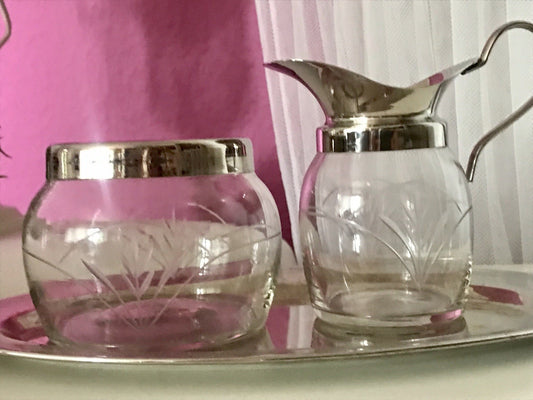 Antik Jugendstil 3 Teile Milch& Zucker Tablett Metallmontur & Glas geschliffen
