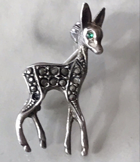 Antik Art Déco Edel Brosche Silber 835 Markasite Rehkitz Grüne Augen
