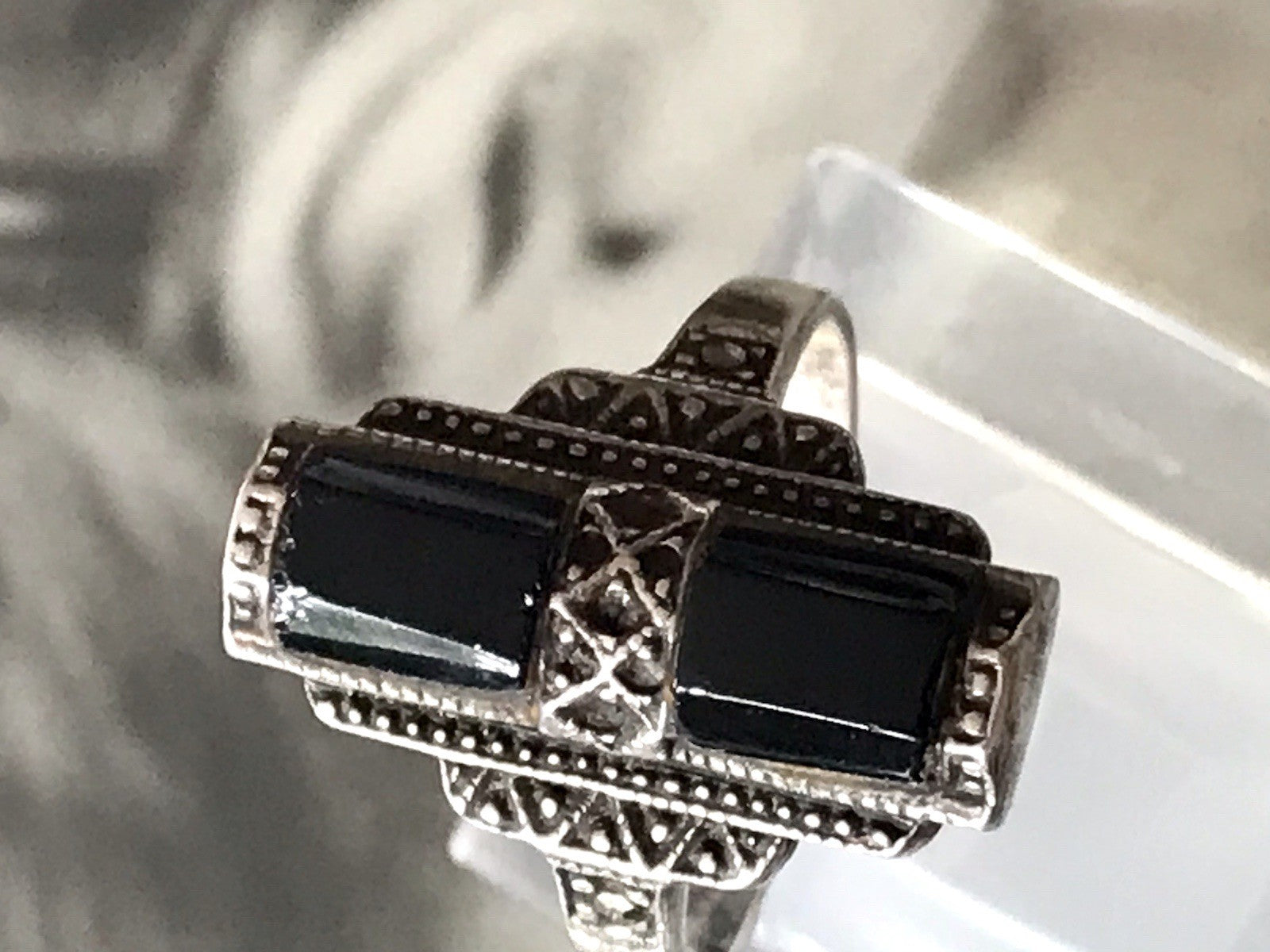 Antik Art Déco Damen Schiffchen Ring Onyx 925 Silber Gr.56 Markasite 18,1