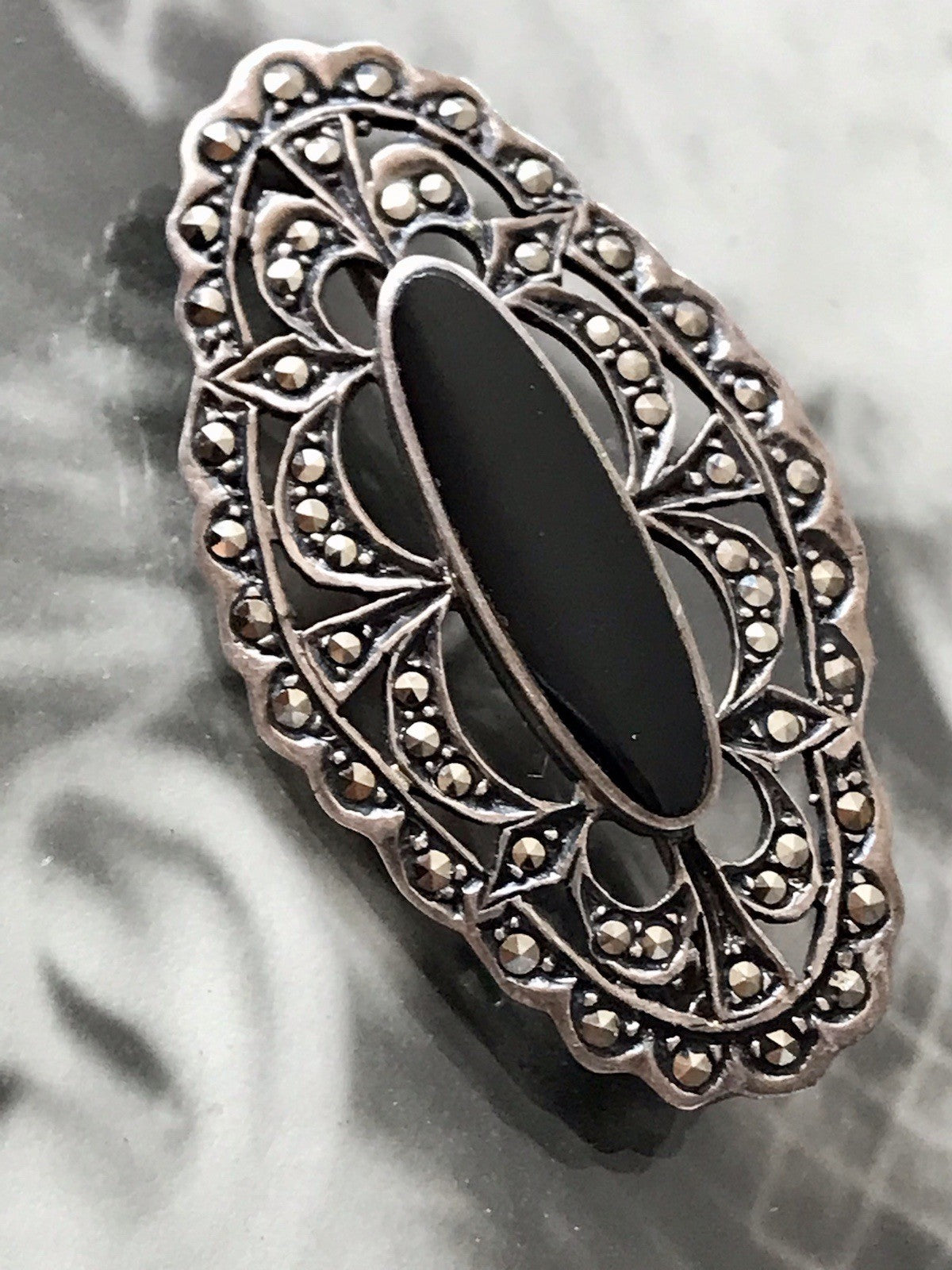 Antik Art Déco Edel Silber 925er Markasiten Onyx Edel Brosche