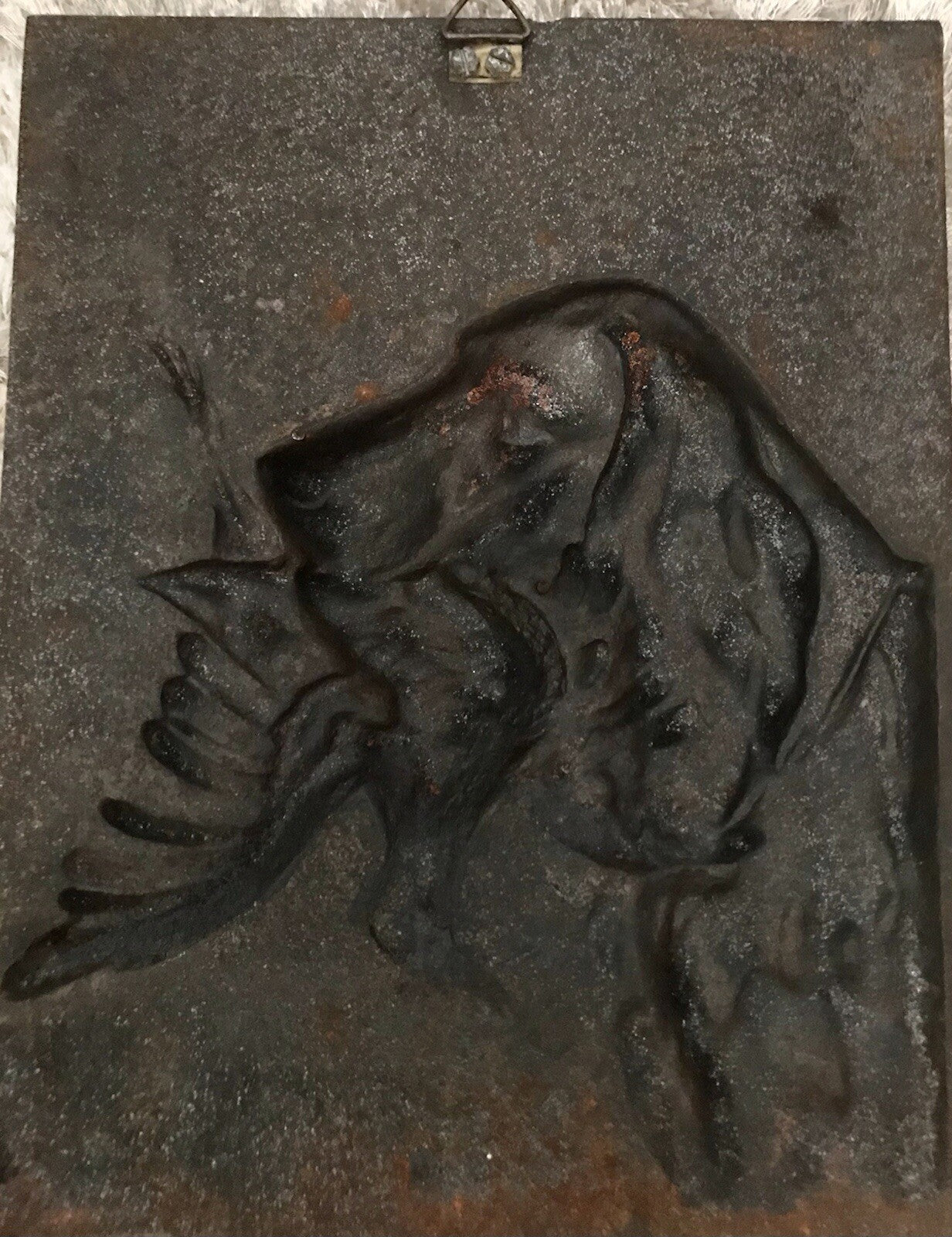 Alt antik? Eisenguss Wandrelief Bild Relief Gusseisen Jagdhund Jagdszene Hund