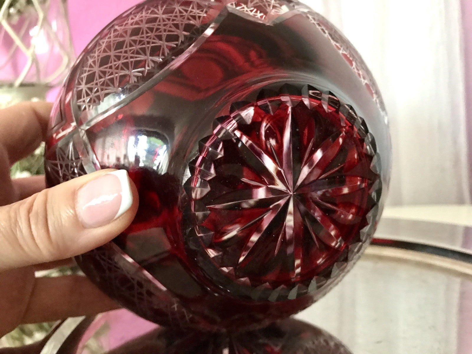Vintage EDEL Glasdose Deckeldose Bonboniere Kristallglas Schliff Rubin Rot