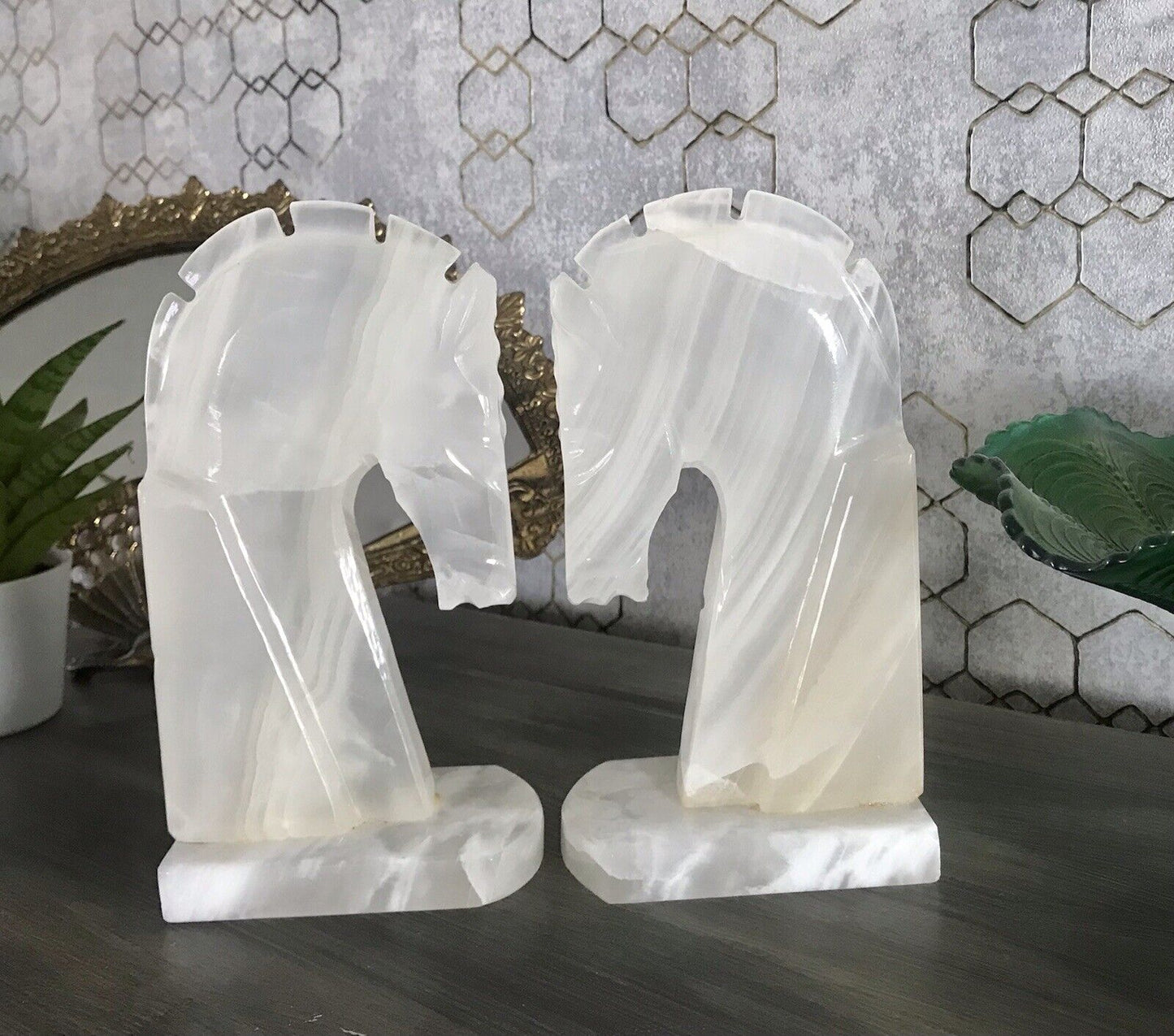 Vintage Alabaster 2 Buchstützen  weißer Onyx wundervoll! 60er 70er