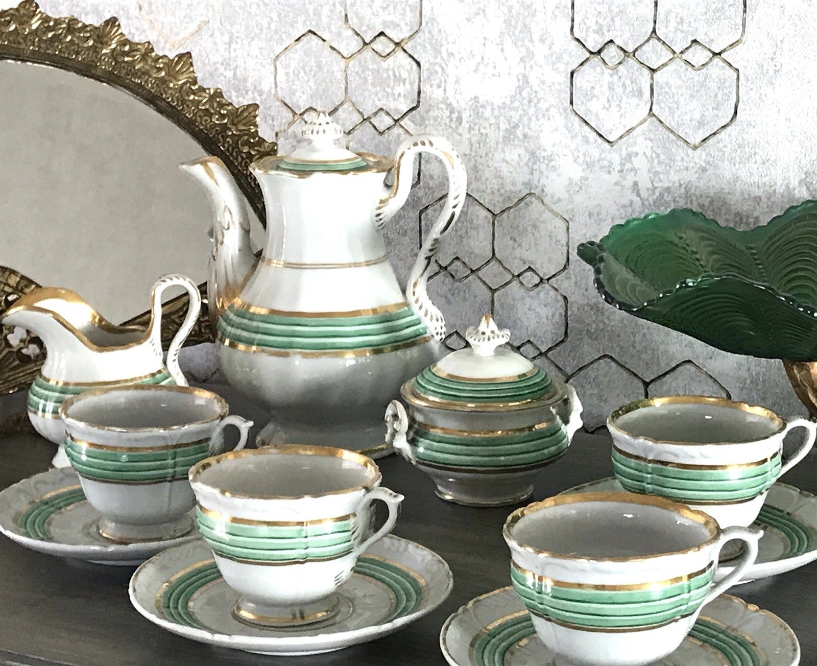 Antik Historismus Porzellan Kaffeeservice Mokkaservice weiß grün Schumann Moabit