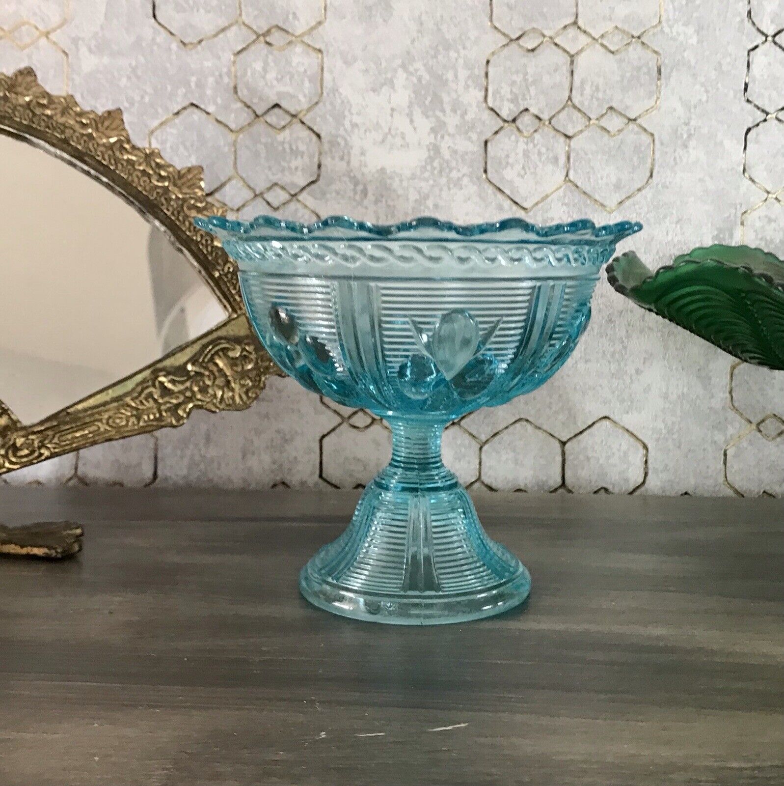 Antik Jugendstil Art Déco Pressglas Schale Fußschale Zuckerschale blau türkis