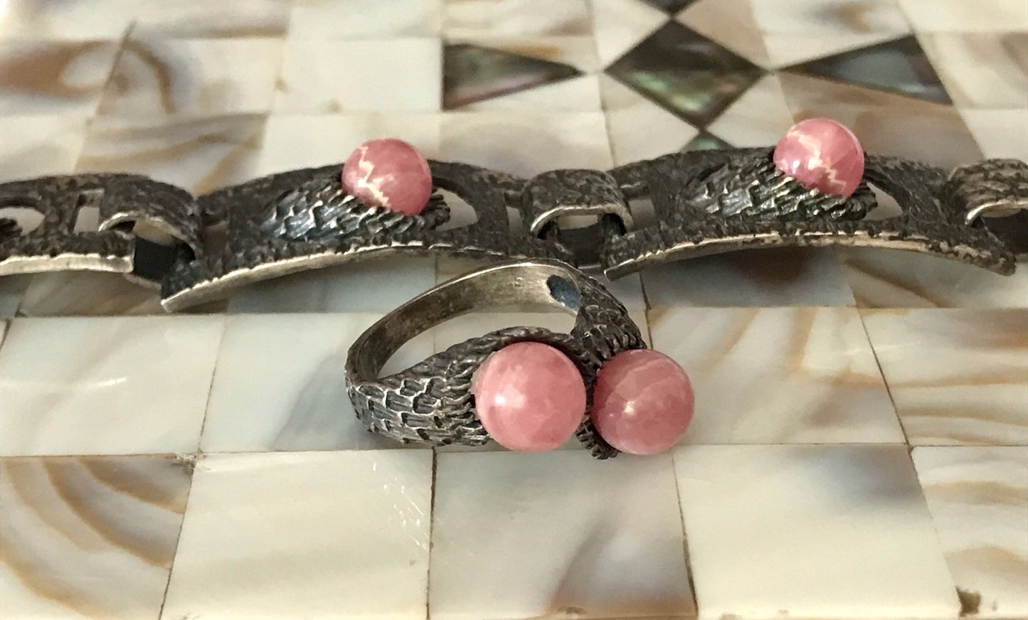 Vintage Schmuck Set 60er Designer Armband Ring Modernist 925 Silber Rosenquarz