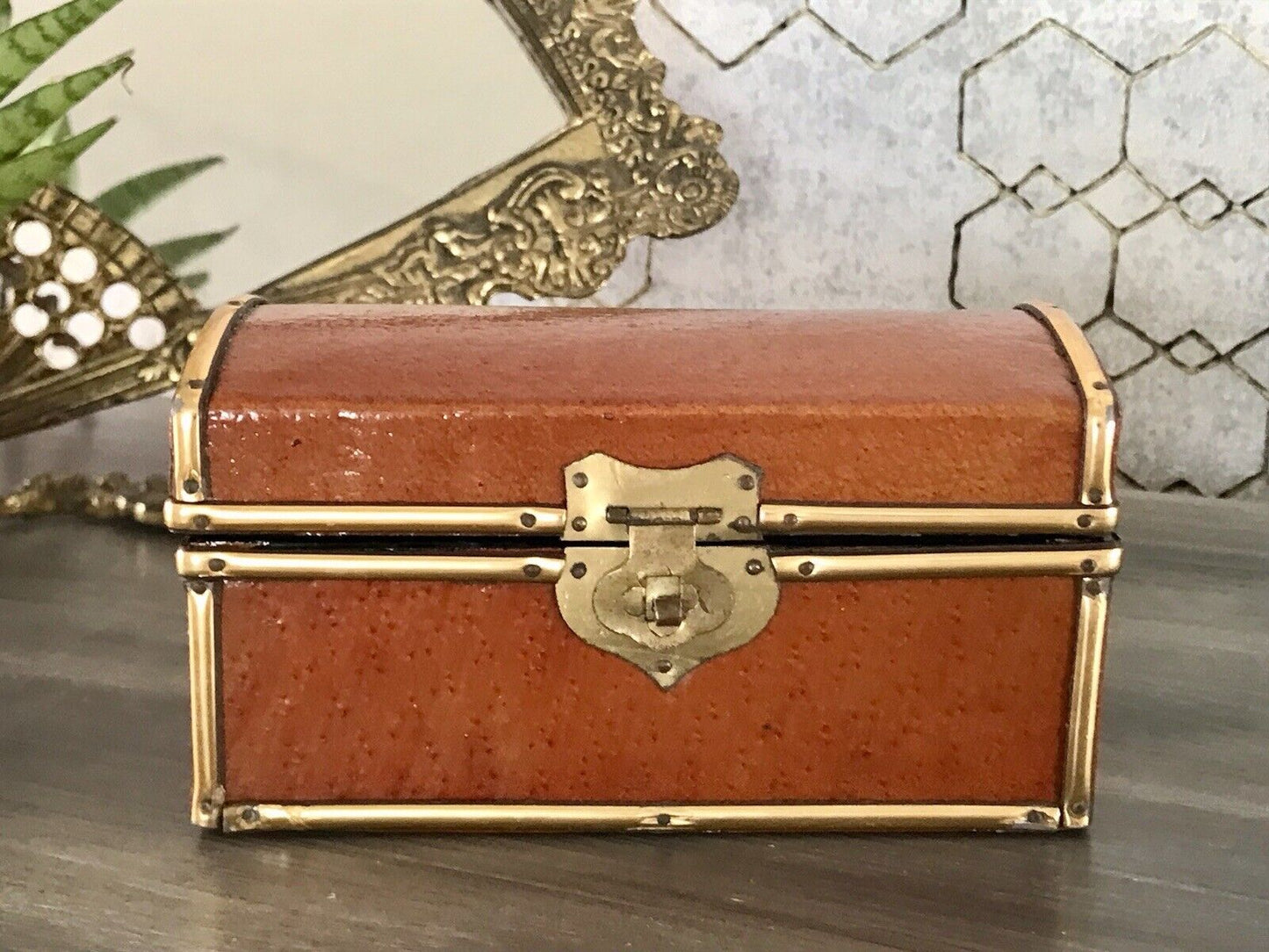 Vintage Schatulle Schmuckdose Dose Kästchen Leder bezogen Cognac