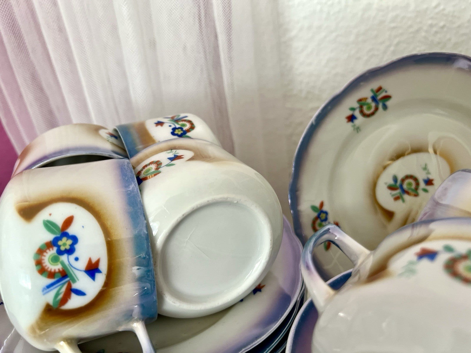 Antik Art Déco Porzellan Kaffeeservice Spritzdekor Teeservice 9 Pers. plus