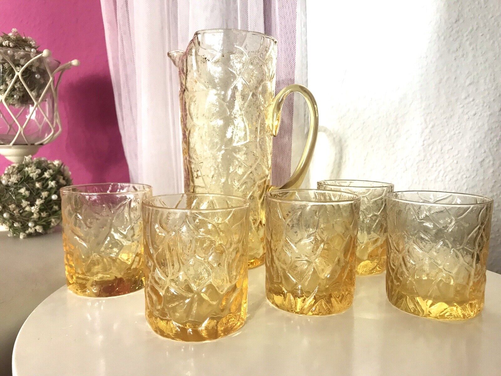 Vintage Designer 60er 70er Krug Kanne Karaffe 5 Becher gelb Glas Reptil Struktur