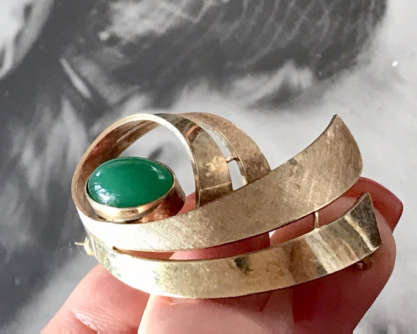 Vintage Edel Brosche Amerik. Doublè vergoldet Brosche grüner Stein
