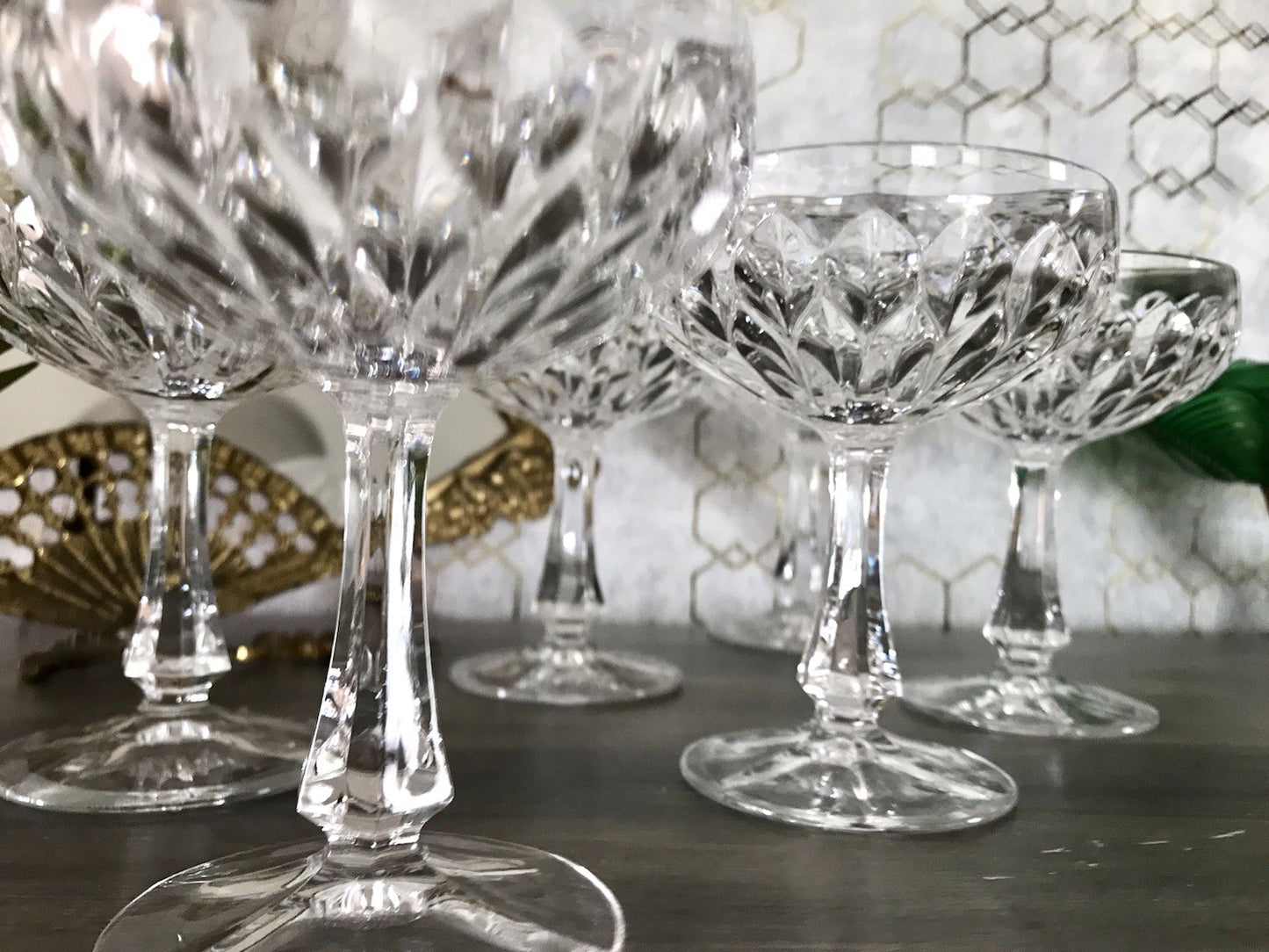 Vintage 9x Champagnerschalen Sektschalen Kristallglas Schliff Bleikristall