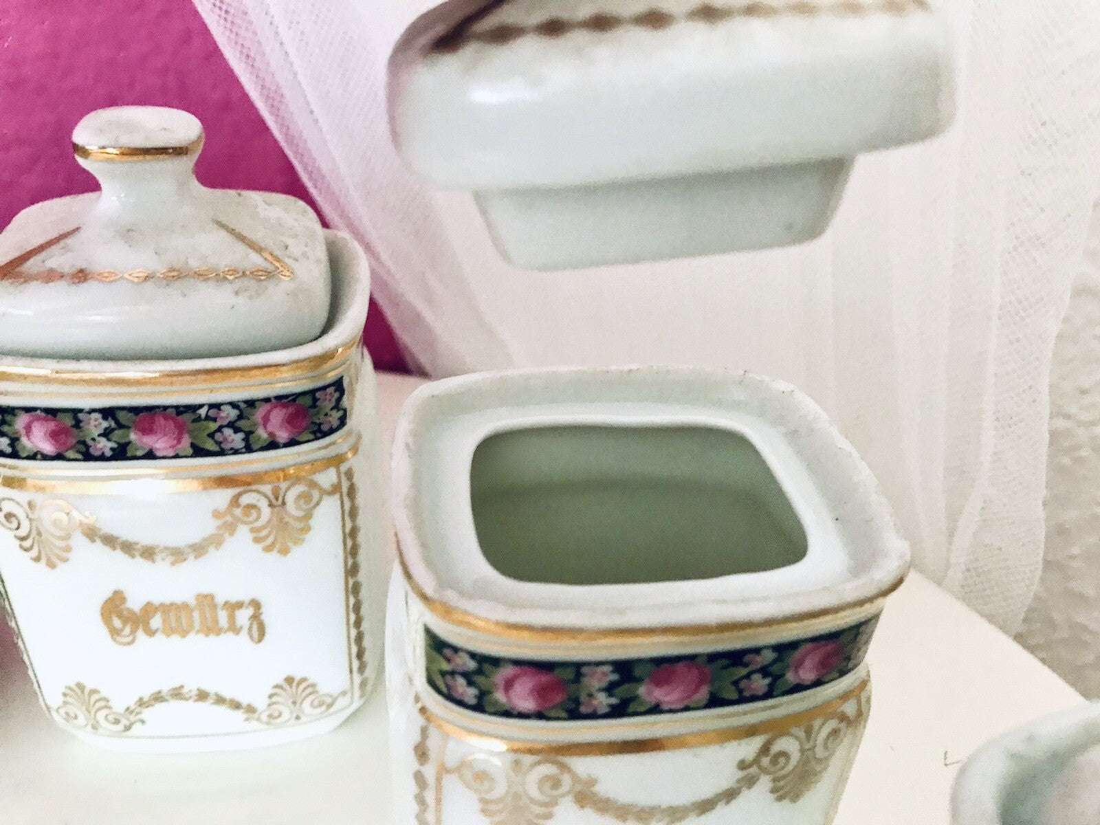 Antik 6x Porzellan Dose Vorratsdosen Gewürze Rosen Golddekor Jugendstil