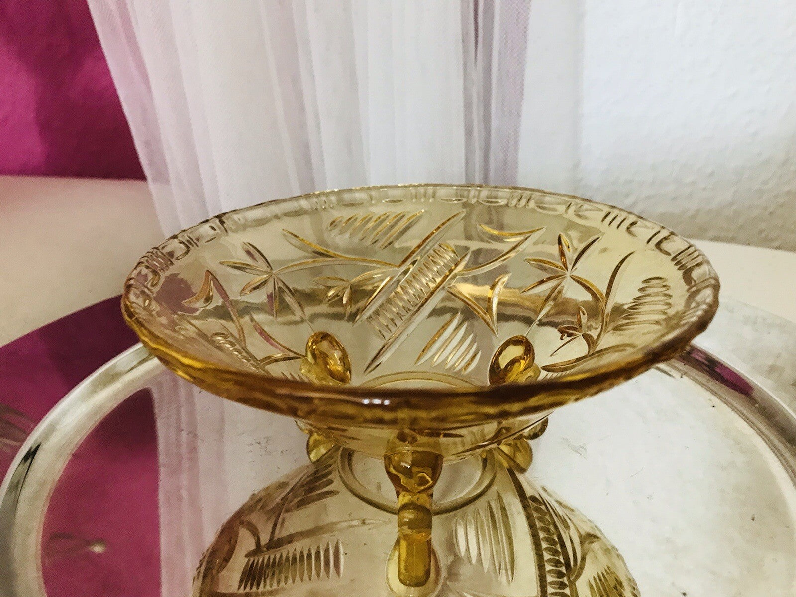 Antik gelb Art Déco Schale Pressglas Glasschale 3füßig So Schön!