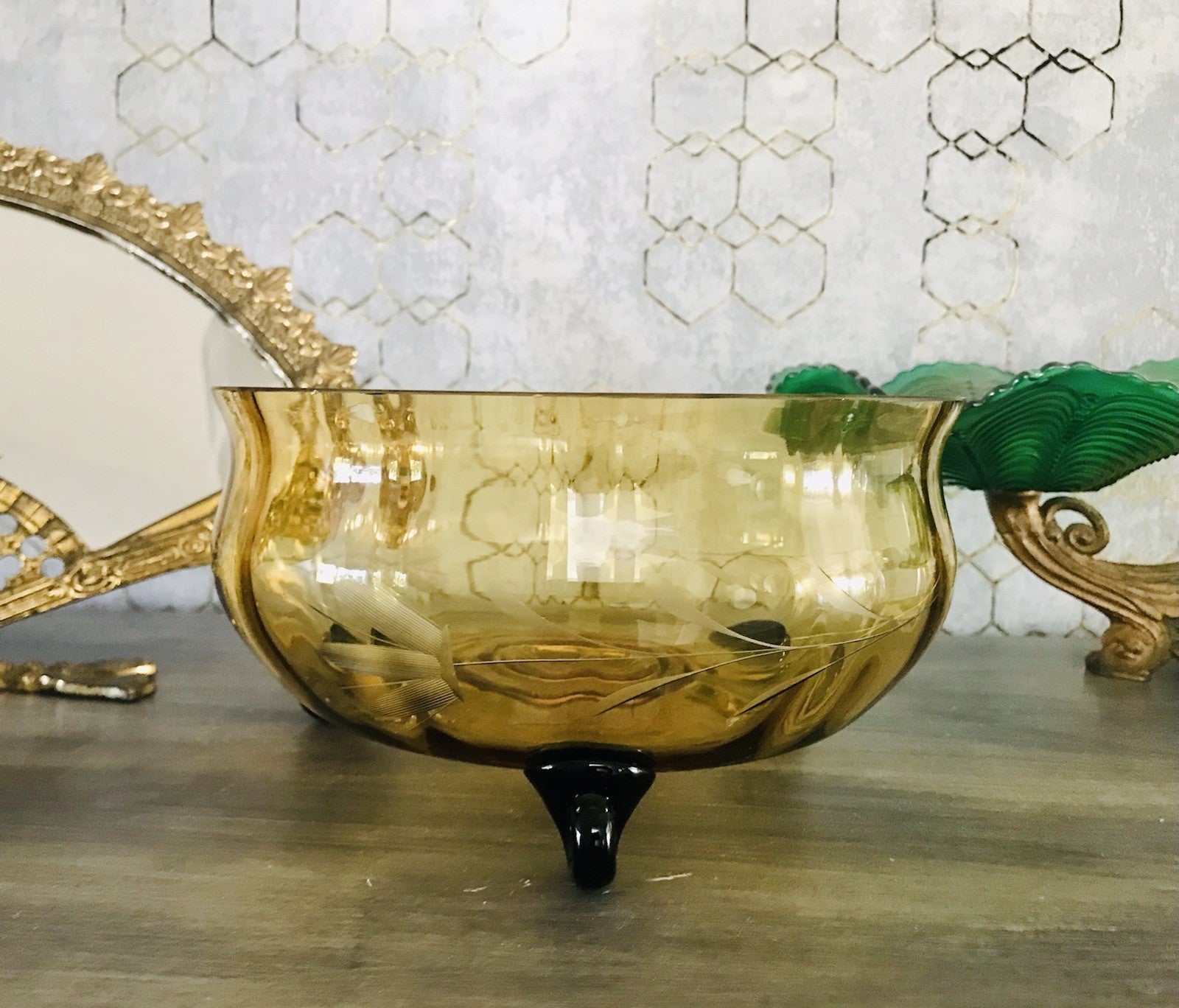Antik Art Déco Schale Glasschale Bernstein Gelb schwarz Glas gerippt & Schliff