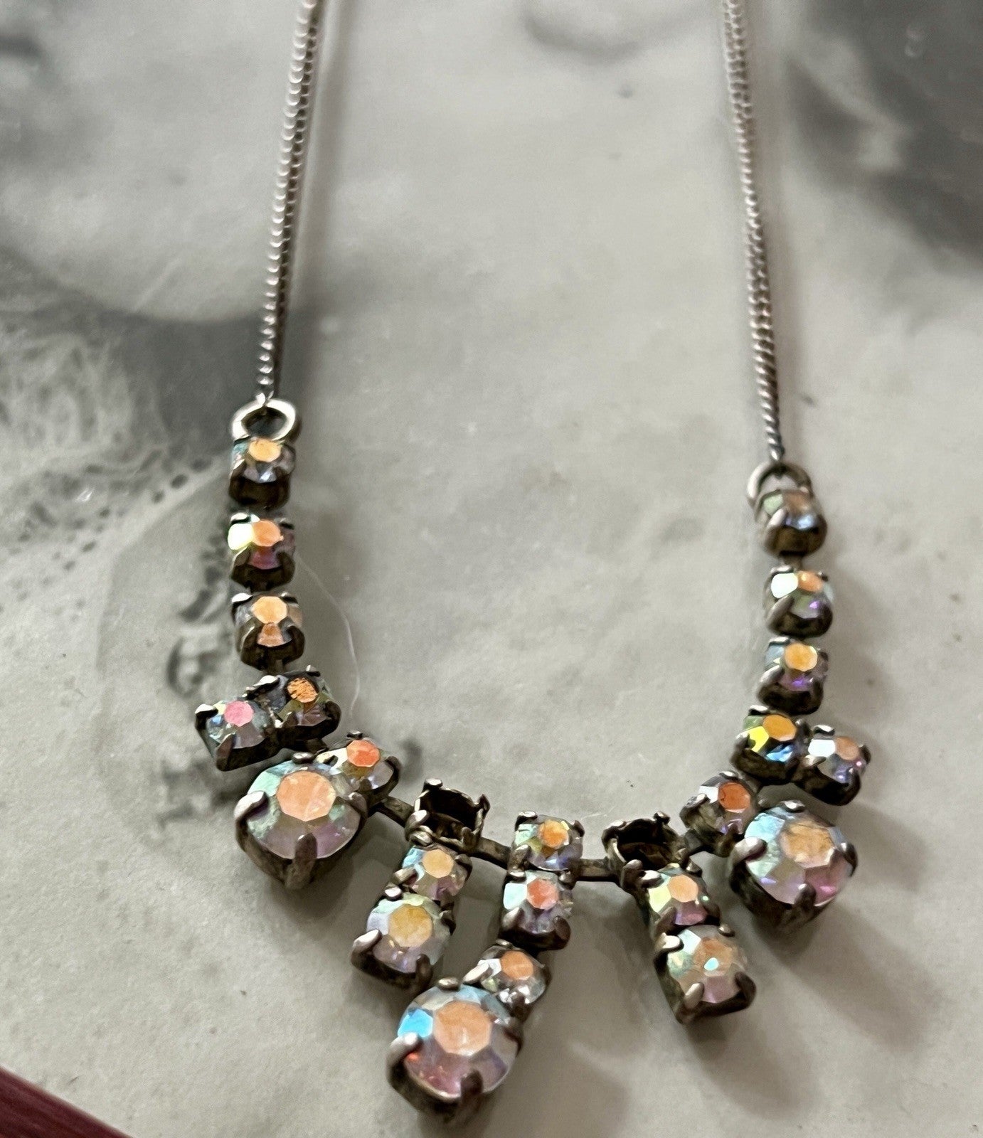 Vintage Antik? 835 Silber Collier Halskette Aurora Borealis? Steine
