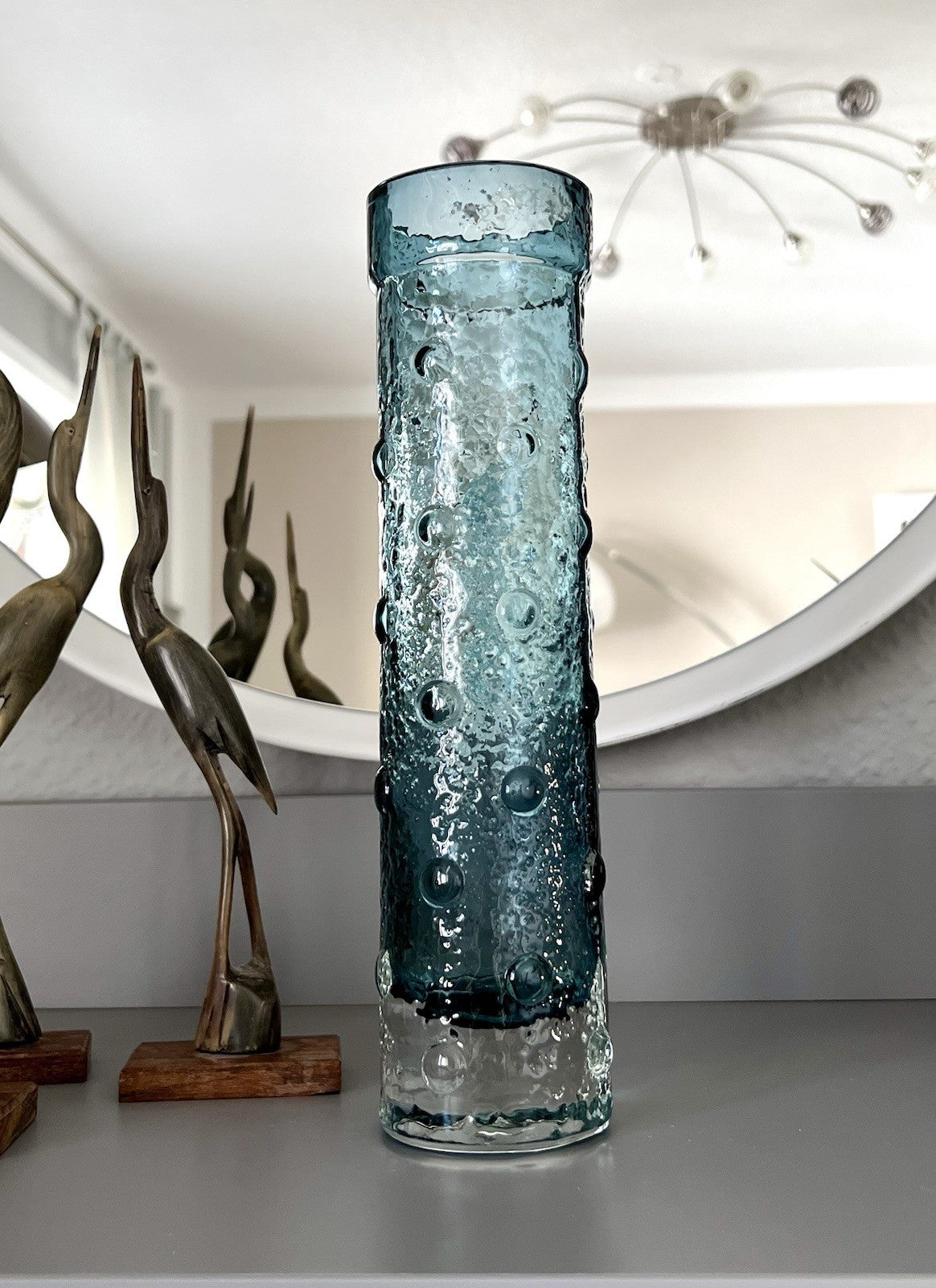 Vintage 60er Riihimäki Lasi Designer Glasvase Vase Glas graublau Finnland Rauch
