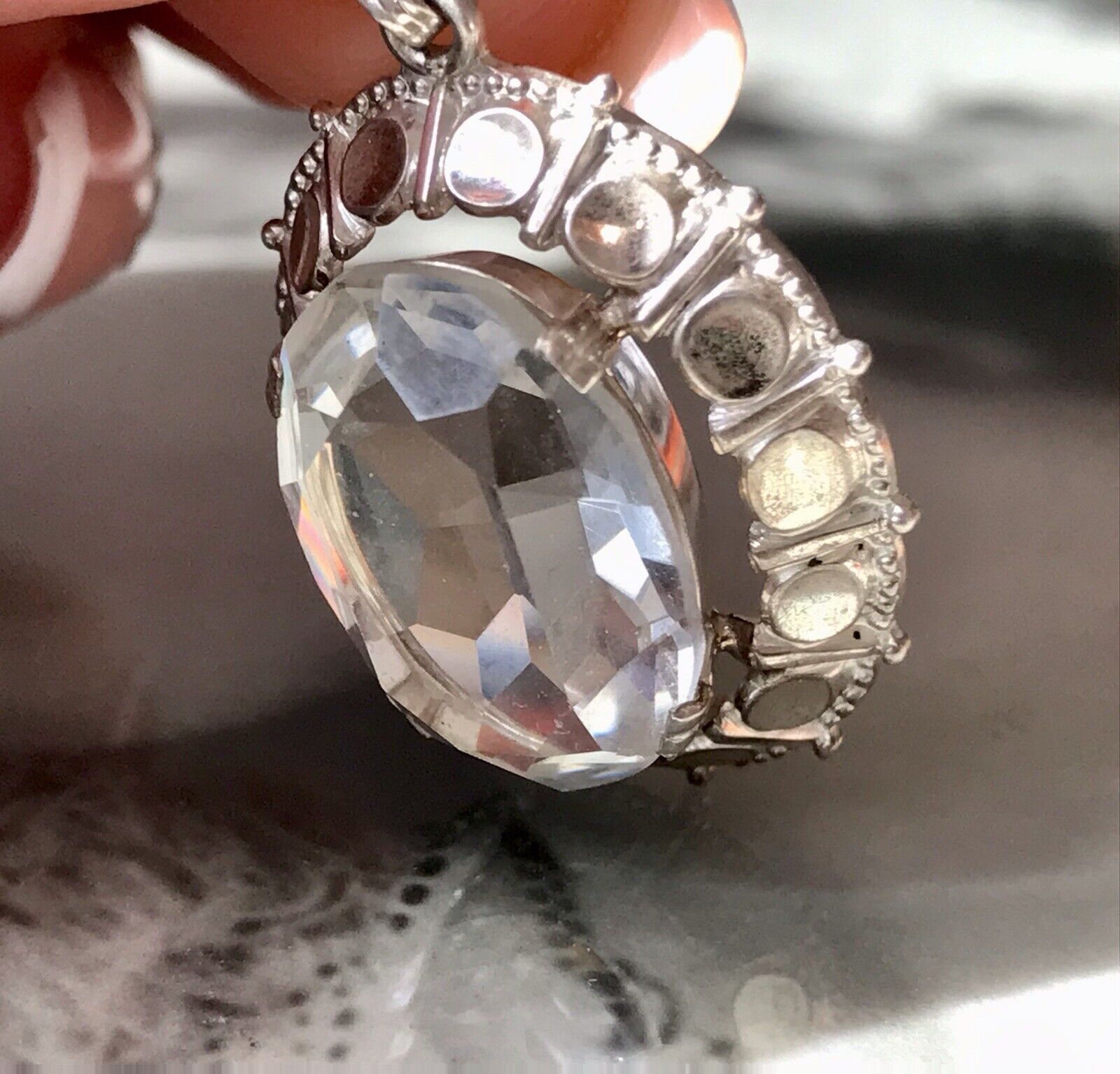 Vintage Alt Kettenanhänger Anhänger 835 K&L Silber farbloser Stein WOW