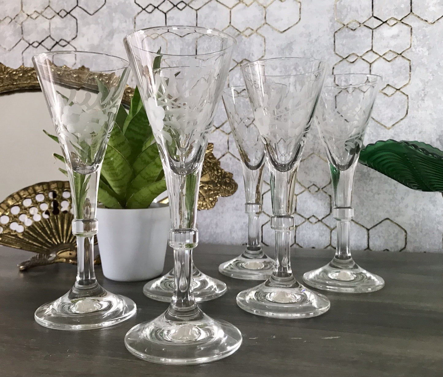 Antik Alt 6 Cherrygläser Gläser Kristallglas graviert